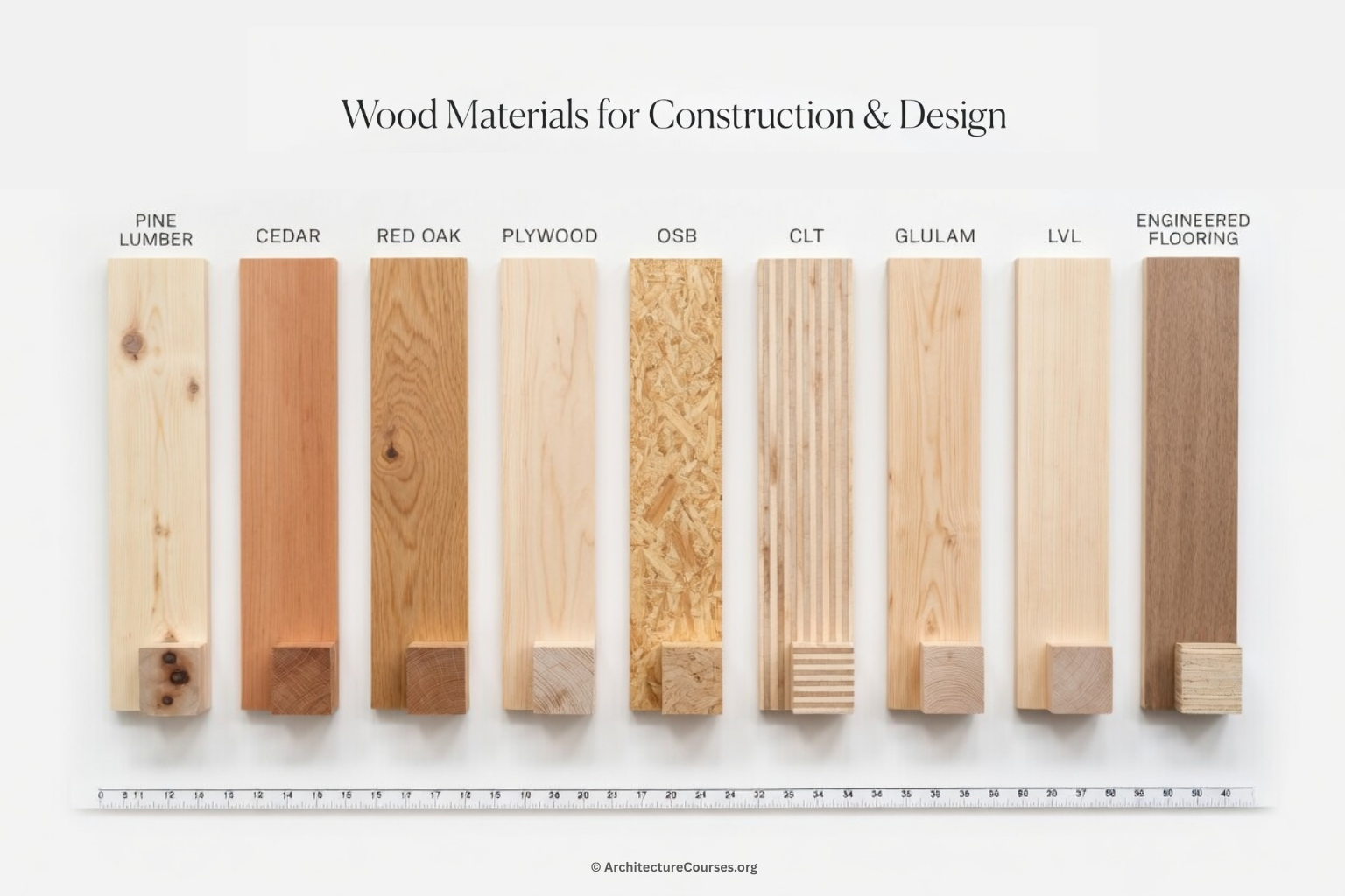 Three types of wood materials used in construction and design—lumber, plywood, and particle board.