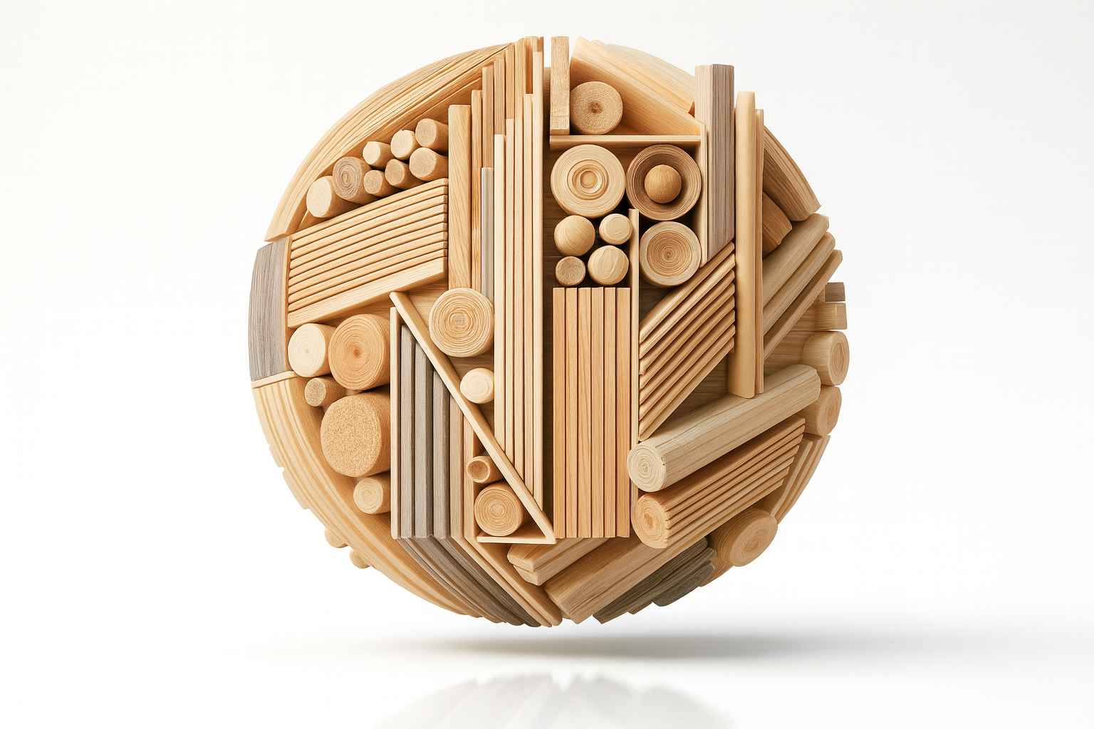 3D wooden sphere showing various types of processed wood.