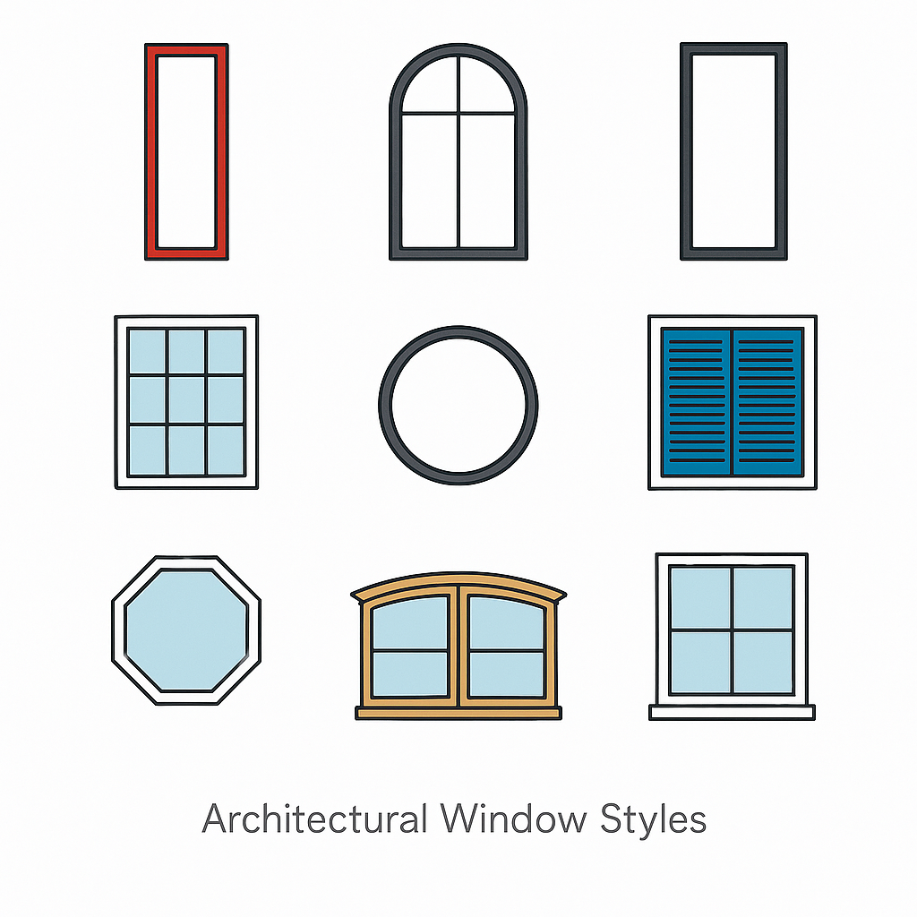 Mixed window designs showing traditional, modern, and contemporary styles.