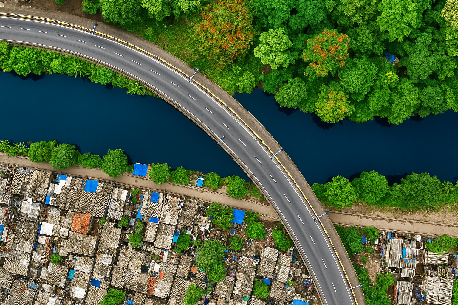 Aerial view of a curved bridge over a river with trees and buildings on both sides.