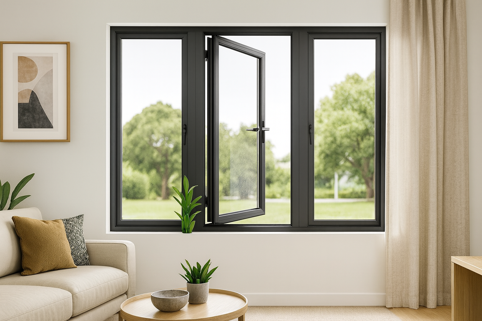 Contemporary living room interior with sleek black aluminum casement windows.