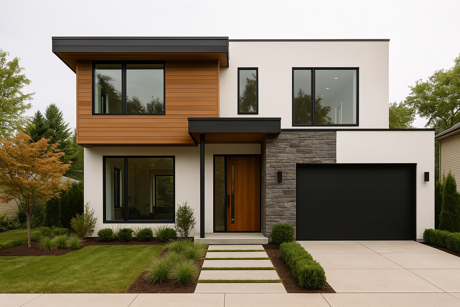 Architectural 3D design of a contemporary American house elevation.