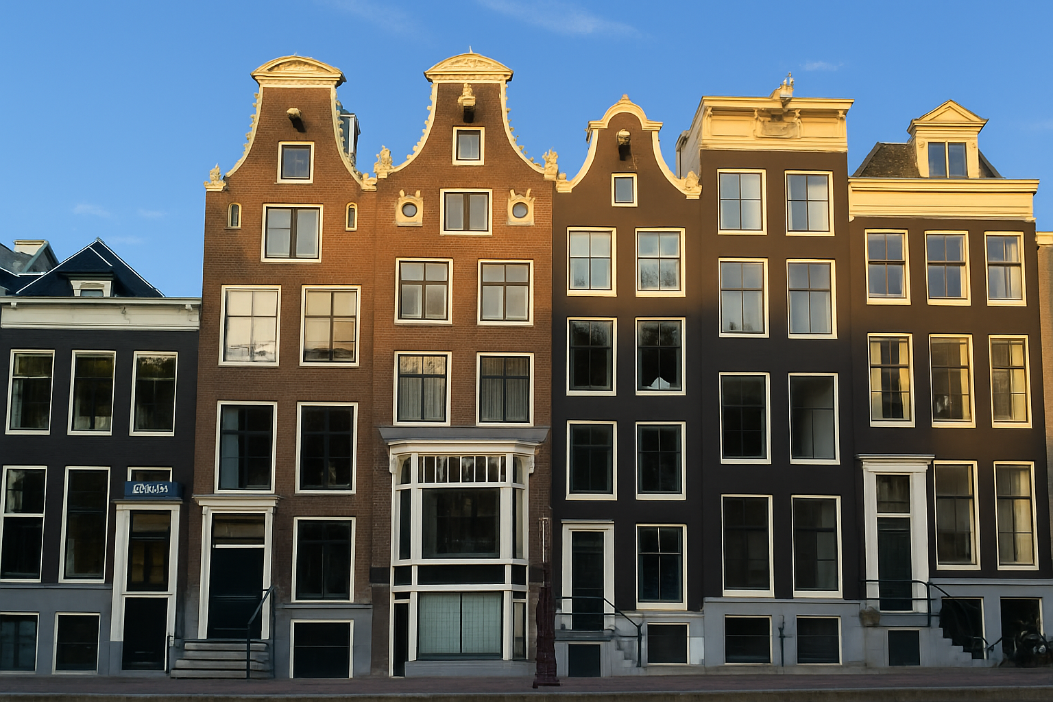 Historic Amsterdam canal houses with ornate gables.