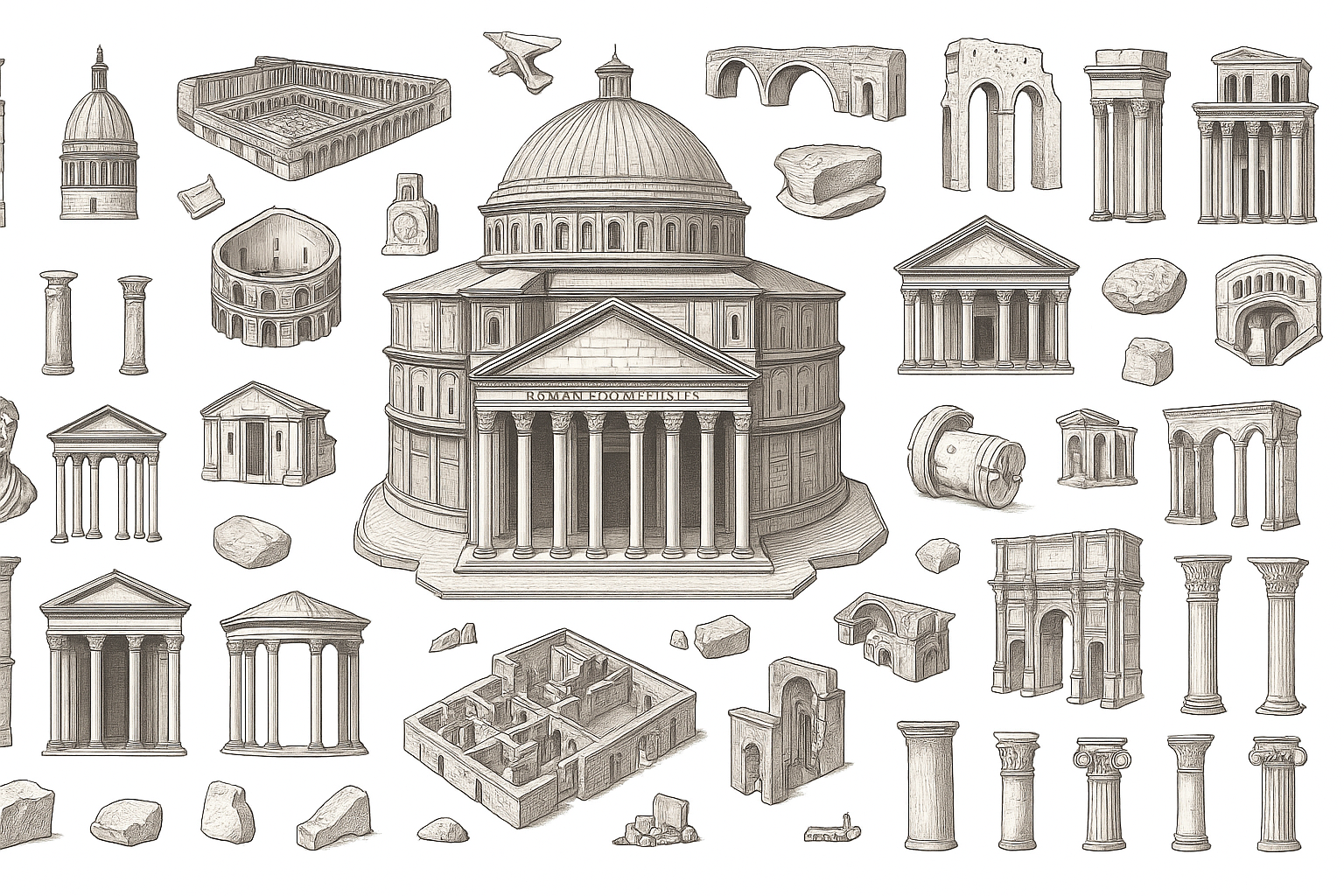 Detailed sketch collage of Roman architectural elements arranged together.
