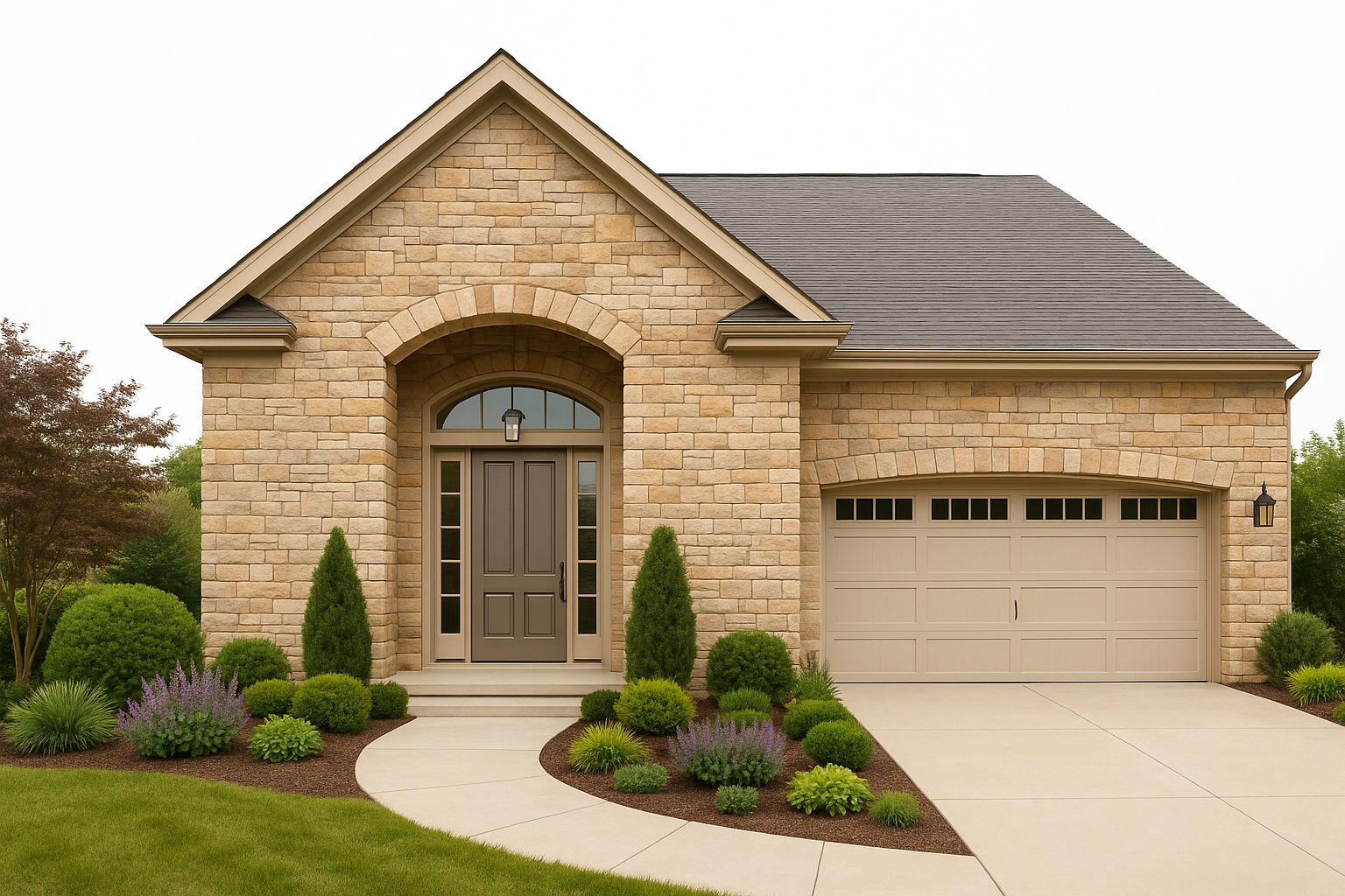 Modern stone home with wide arched doorway and warm-toned façade.