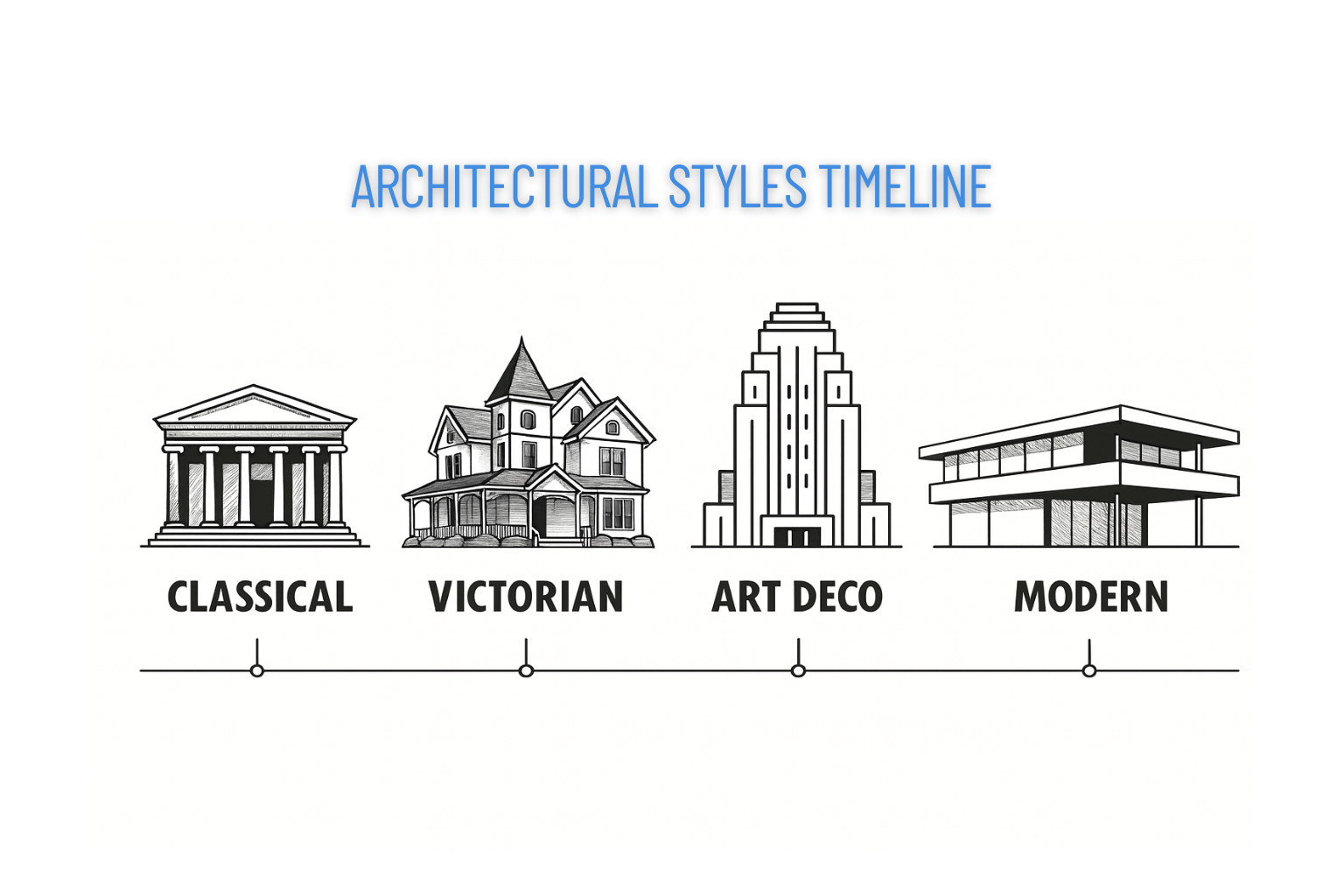 Comparison of architectural styles from past to modern.