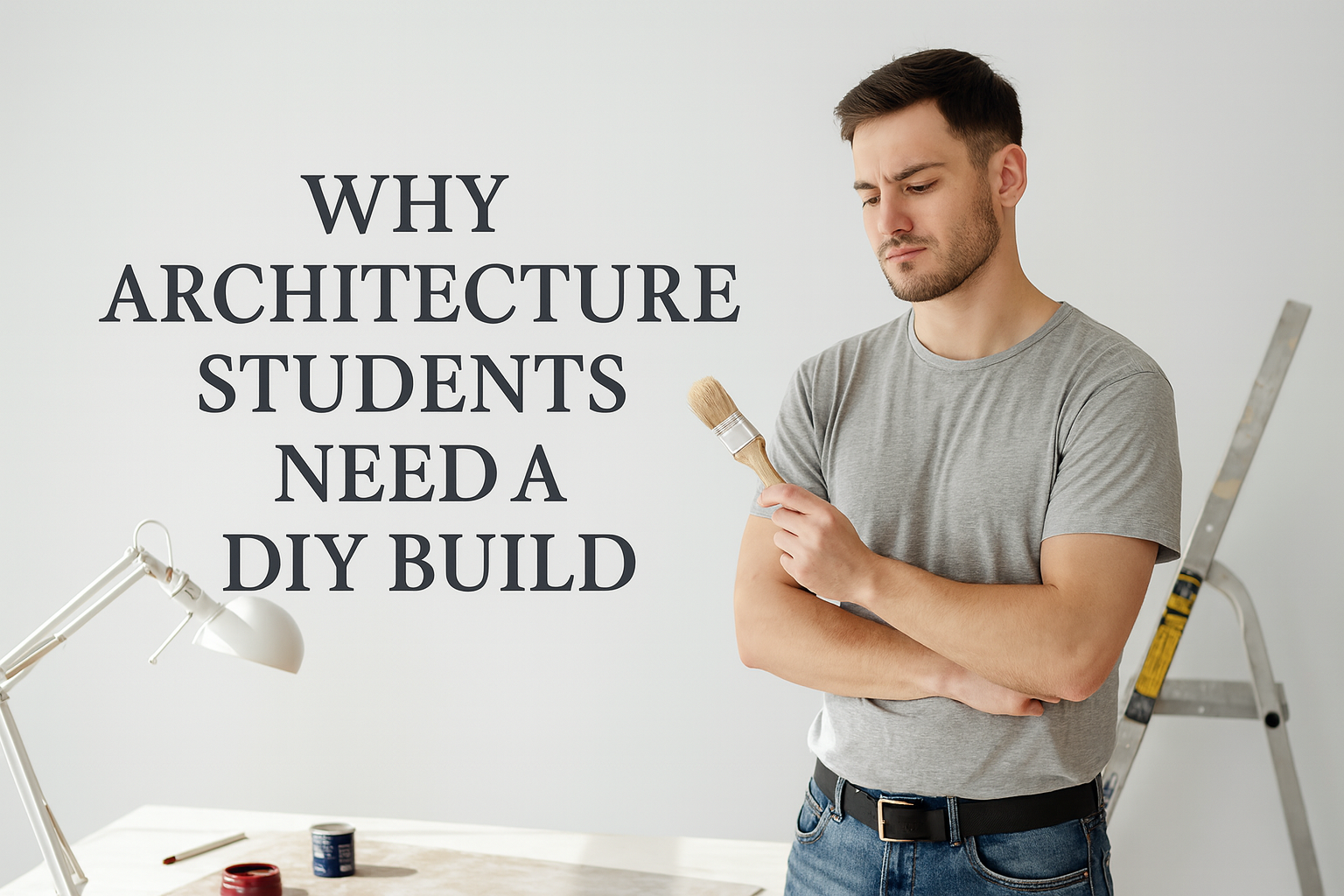 Architecture student holding paintbrush with text Why Architecture Students Need a DIY Build.
