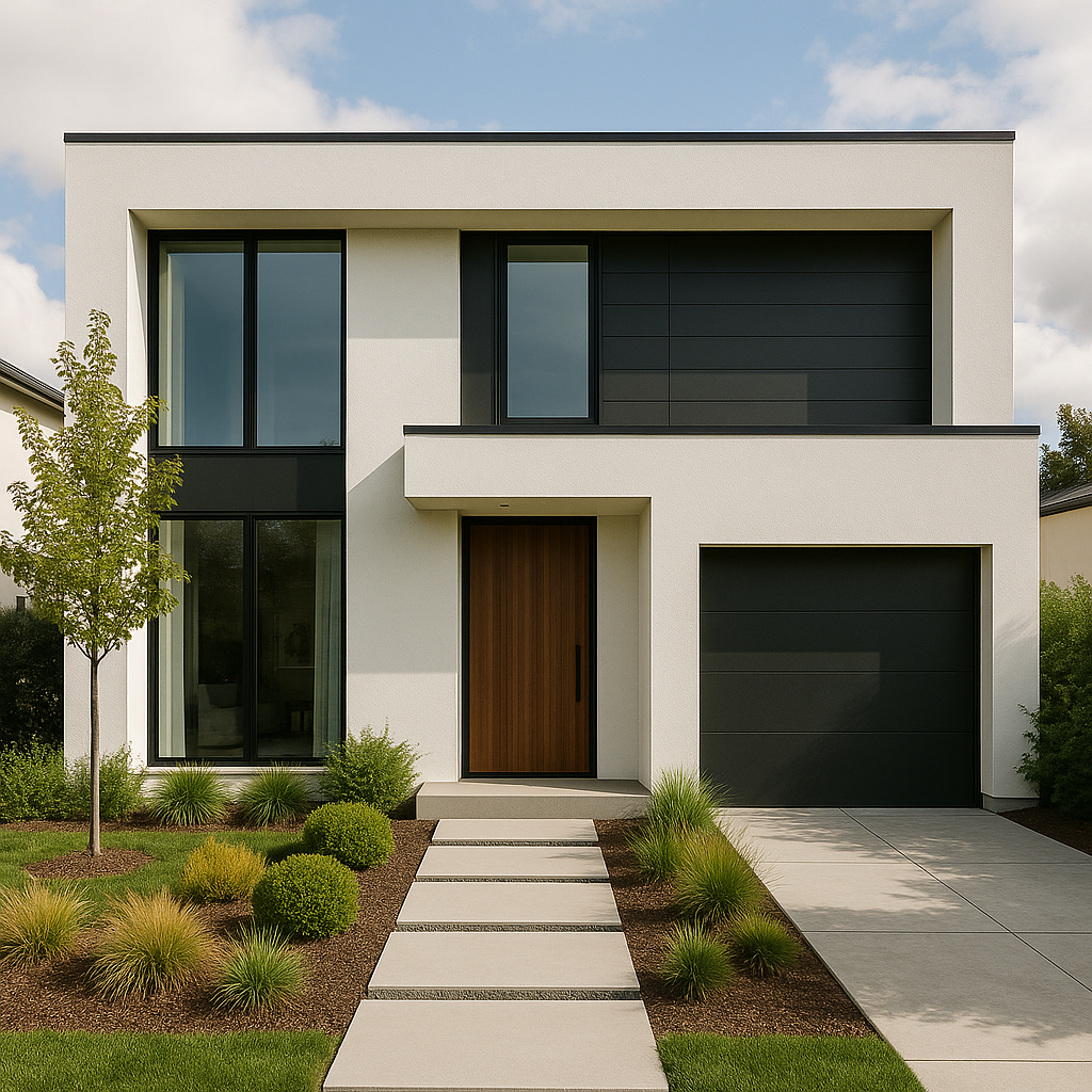 Contemporary house elevation featuring asymmetrical façade design.