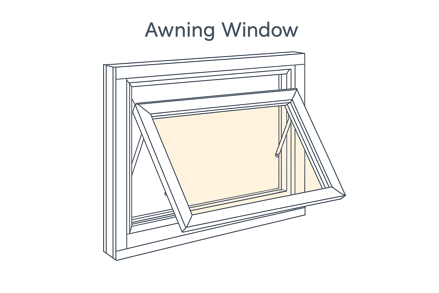 Technical line drawing of an awning window with sash opening outward.
