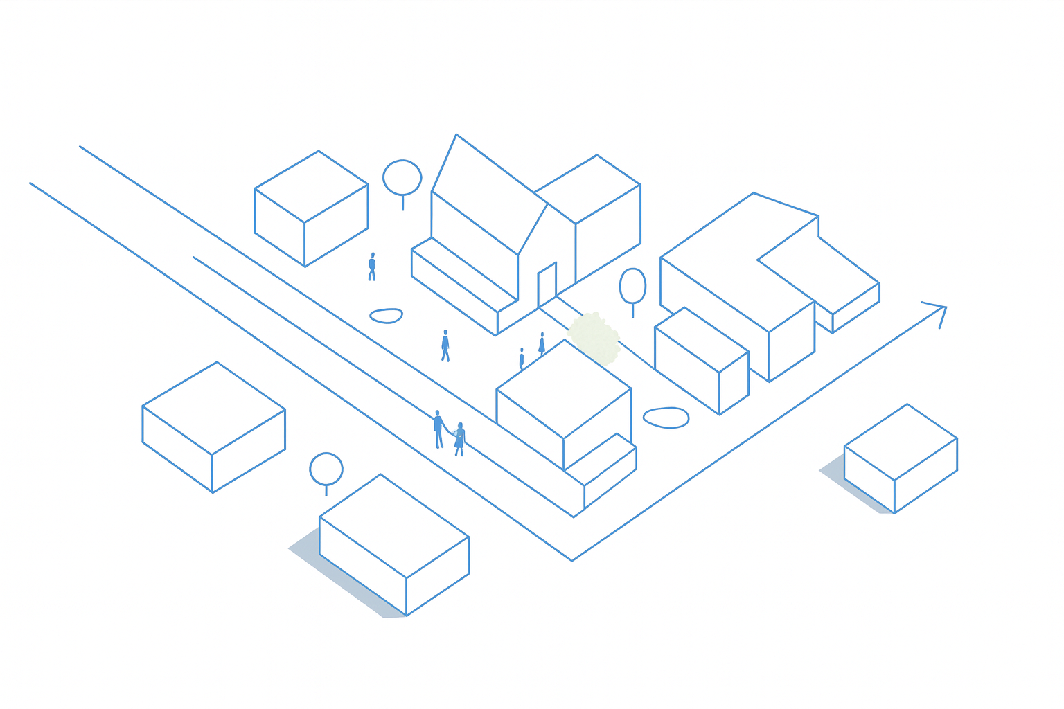 Blueprint-style axis parti diagram with central organizing line.