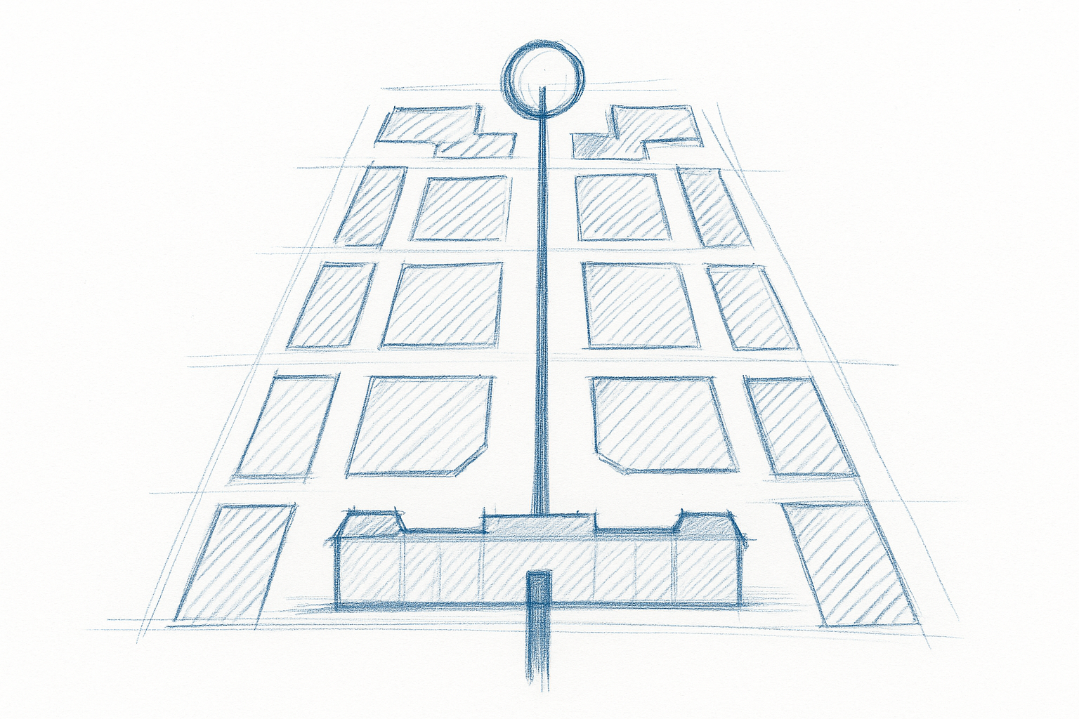 Blueprint sketch of Versailles axis with palace, gardens, and focal point.