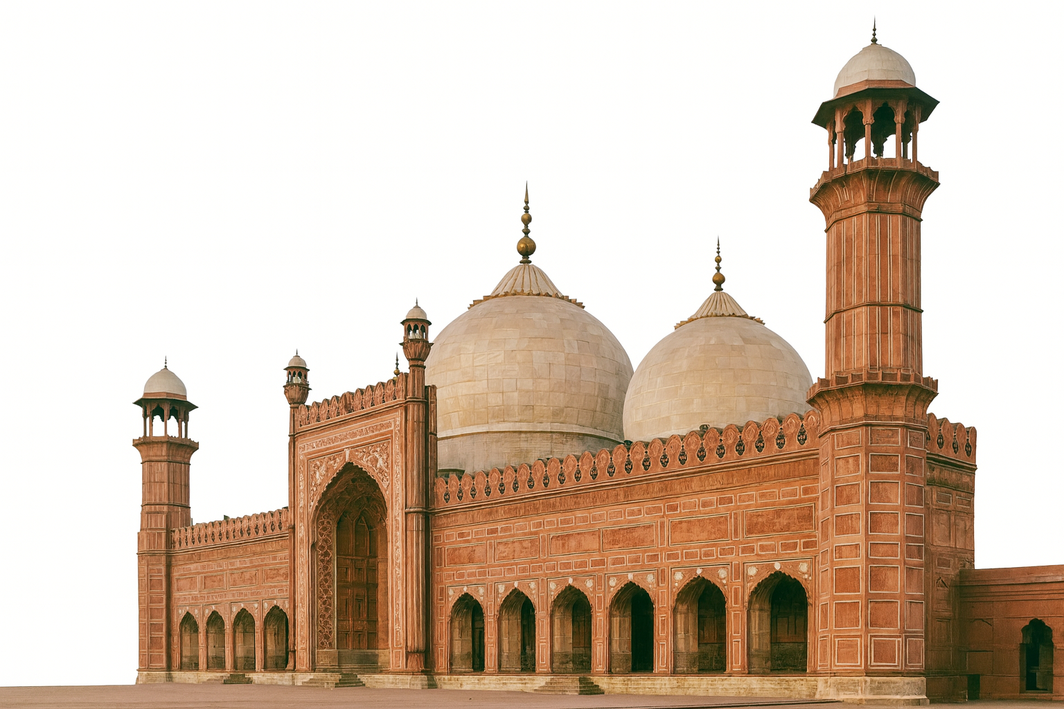 Badshahi Mosque in Lahore with red sandstone walls and white marble domes.