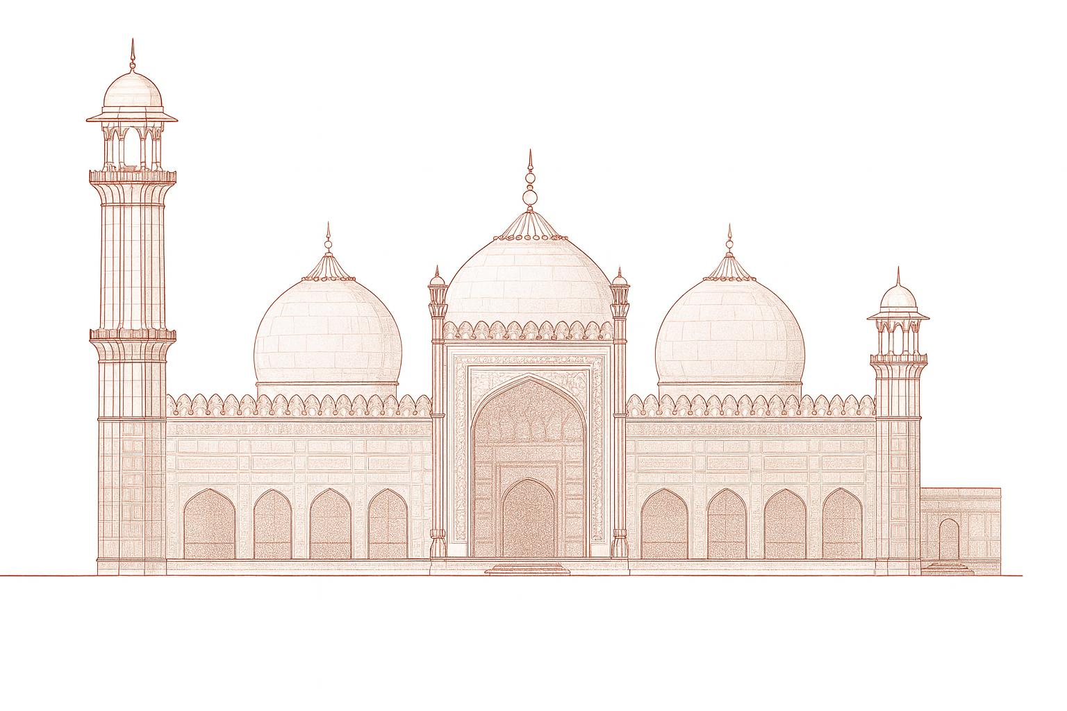 Architectural section cut drawing of Badshahi Mosque with domes, arches, and minarets in linework.