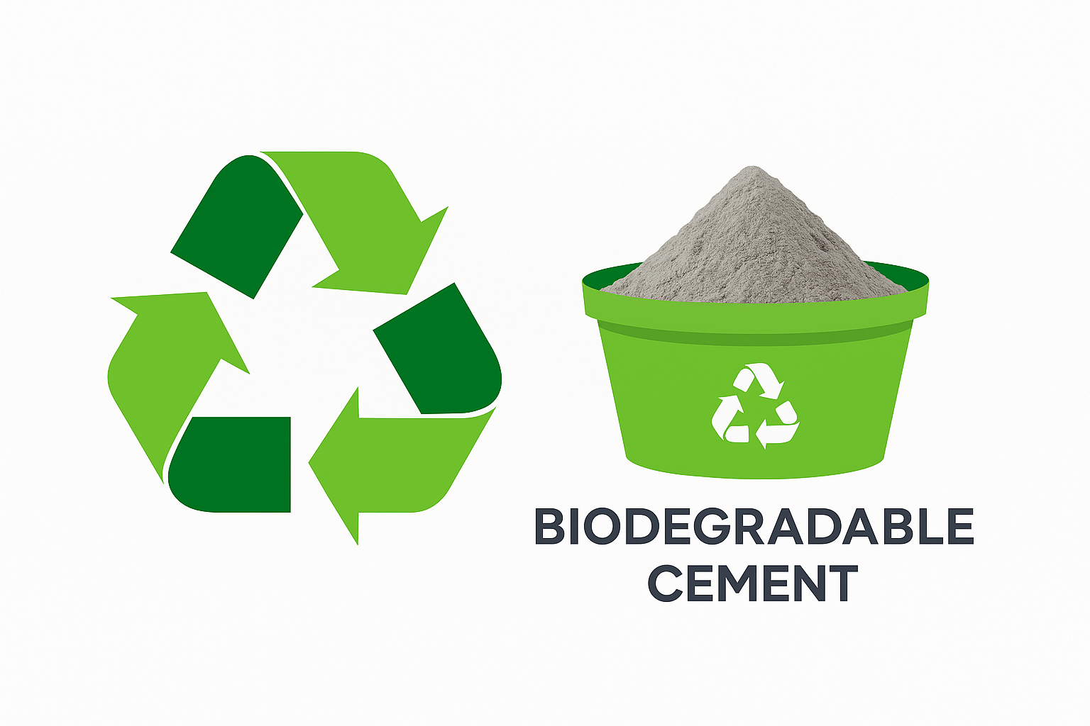 Biodegradable cement sample with recycling lifecycle chart.
