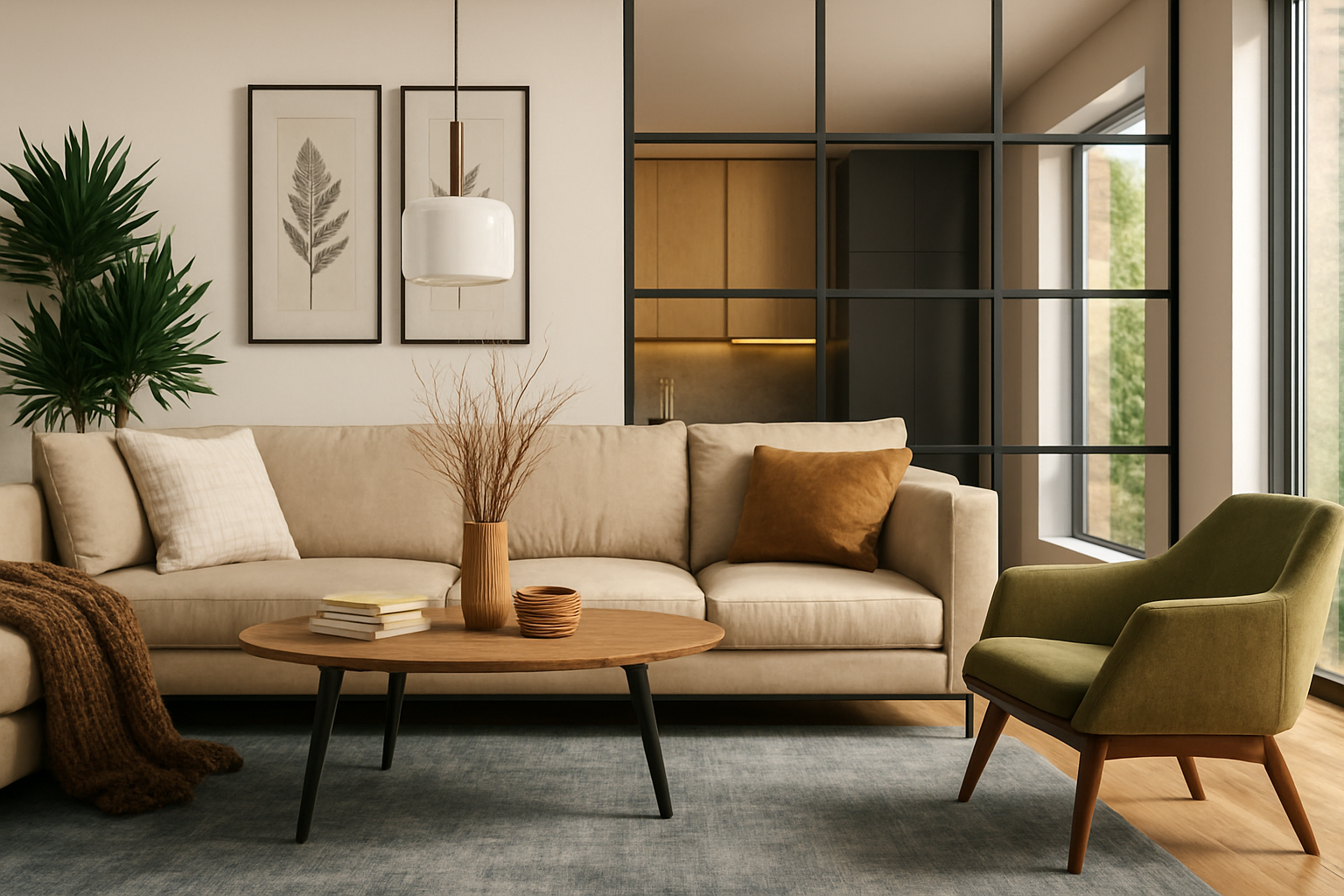 Modern living room with glass wall, twin framed artworks, and natural wood furniture.