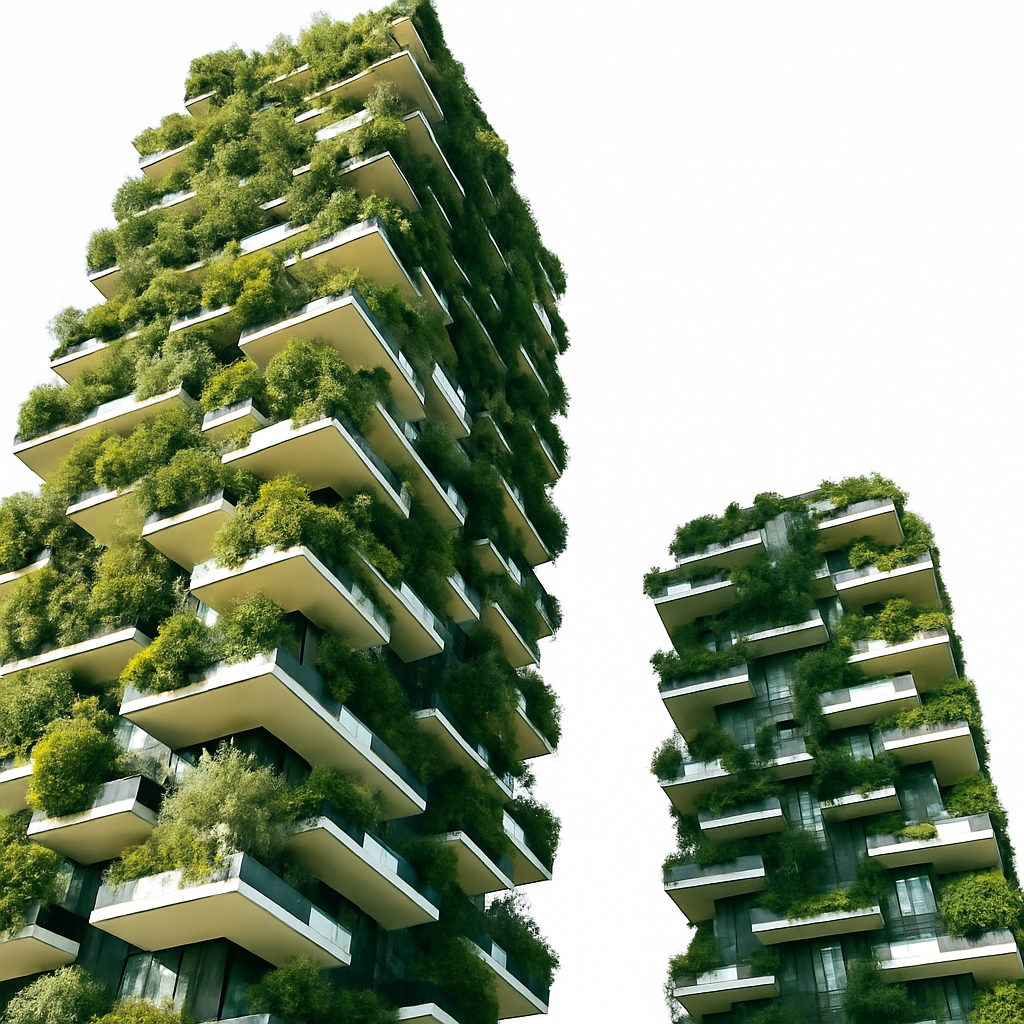 Bosco Verticale towers in Milan with greenery covering balconies.
