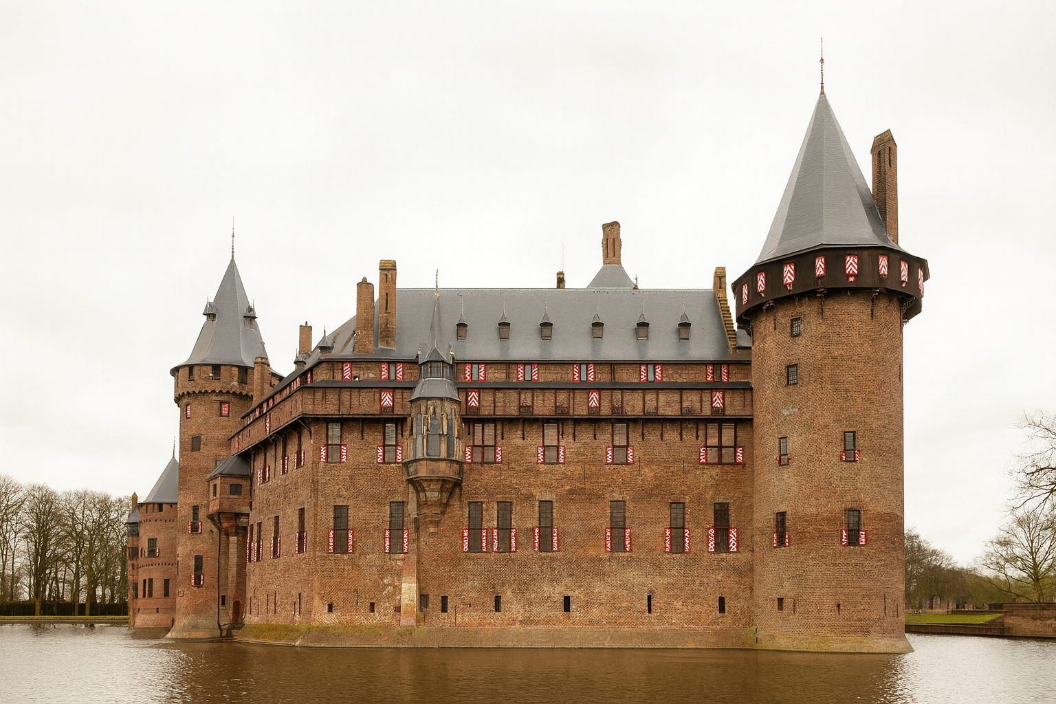 Castle De Haar in the Netherlands with red shutters, towers, and a moat.