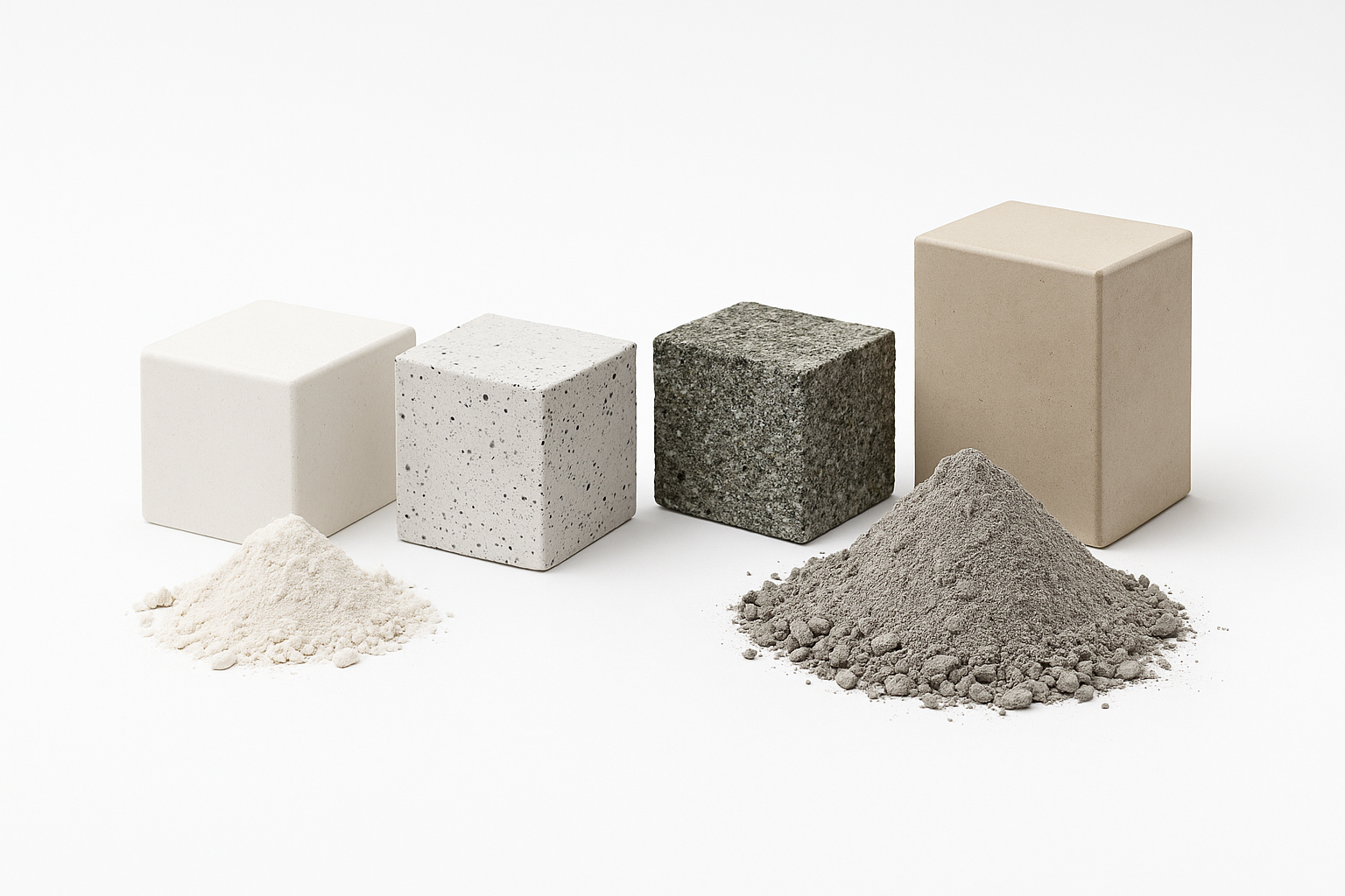 Cement material cubes and powder mounds representing cement and alternatives.