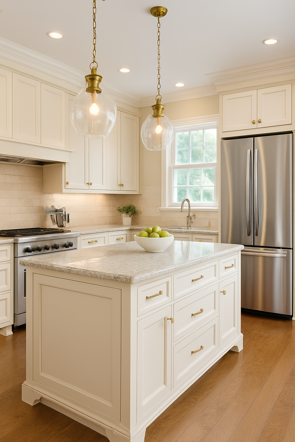 Warm white kitchen with cream cabinets, oak floors, and brass accents.