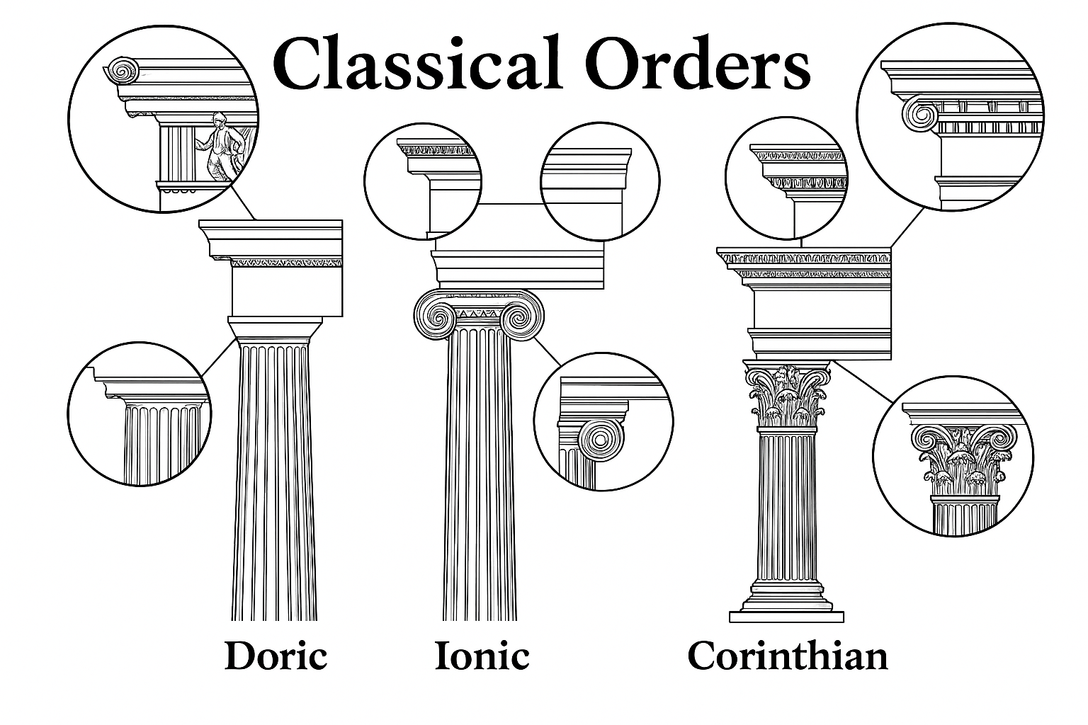 Diagram of Doric, Ionic, and Corinthian columns with detailed callouts.