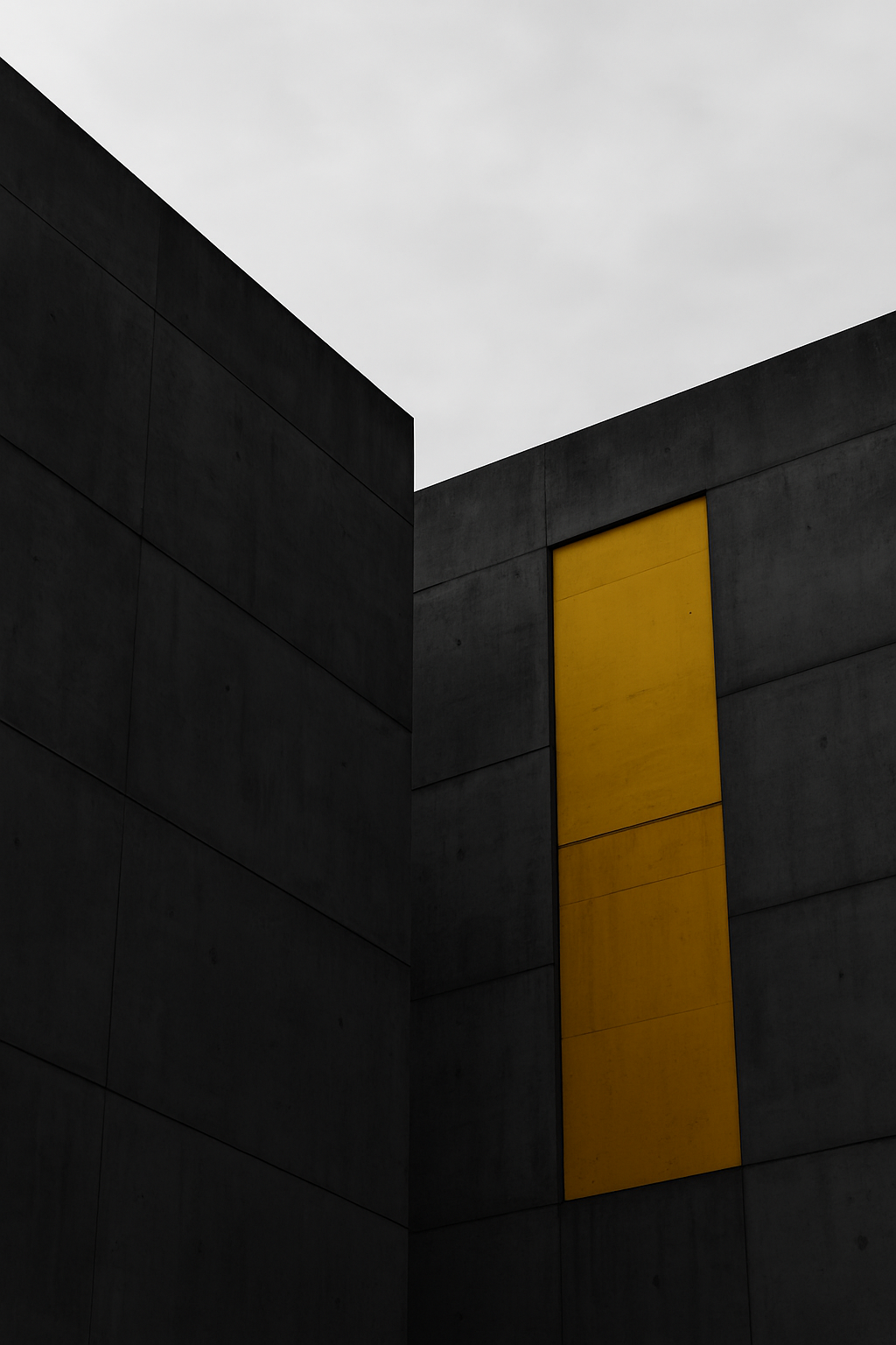 Minimalist concrete architecture featuring a mustard yellow accent panel against dark concrete walls.