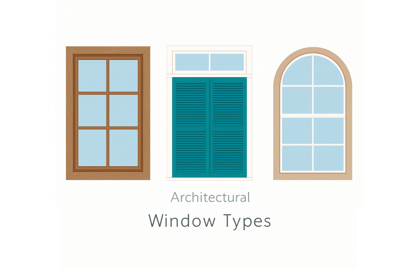 Various window types and styles in modern and traditional architecture.