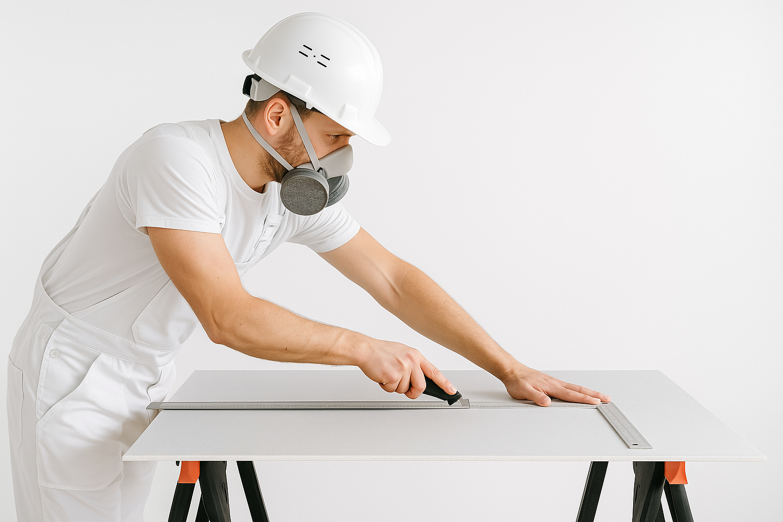 Construction worker installing drywall sheet.