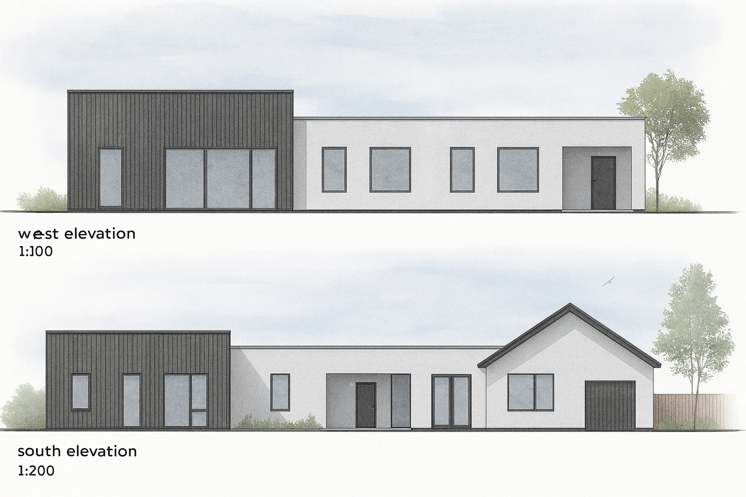 Contemporary architectural elevation drawings in minimalist black and white.