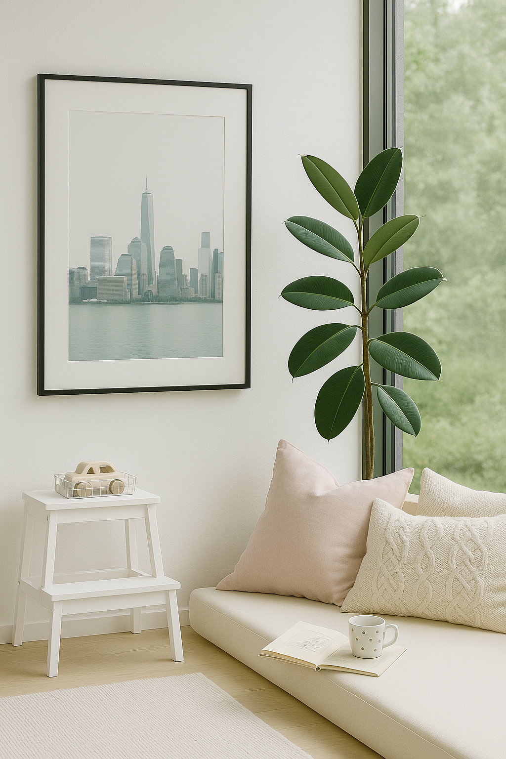 Biophilic interior design featuring natural materials, greenery, and soft lighting for a calming atmosphere.