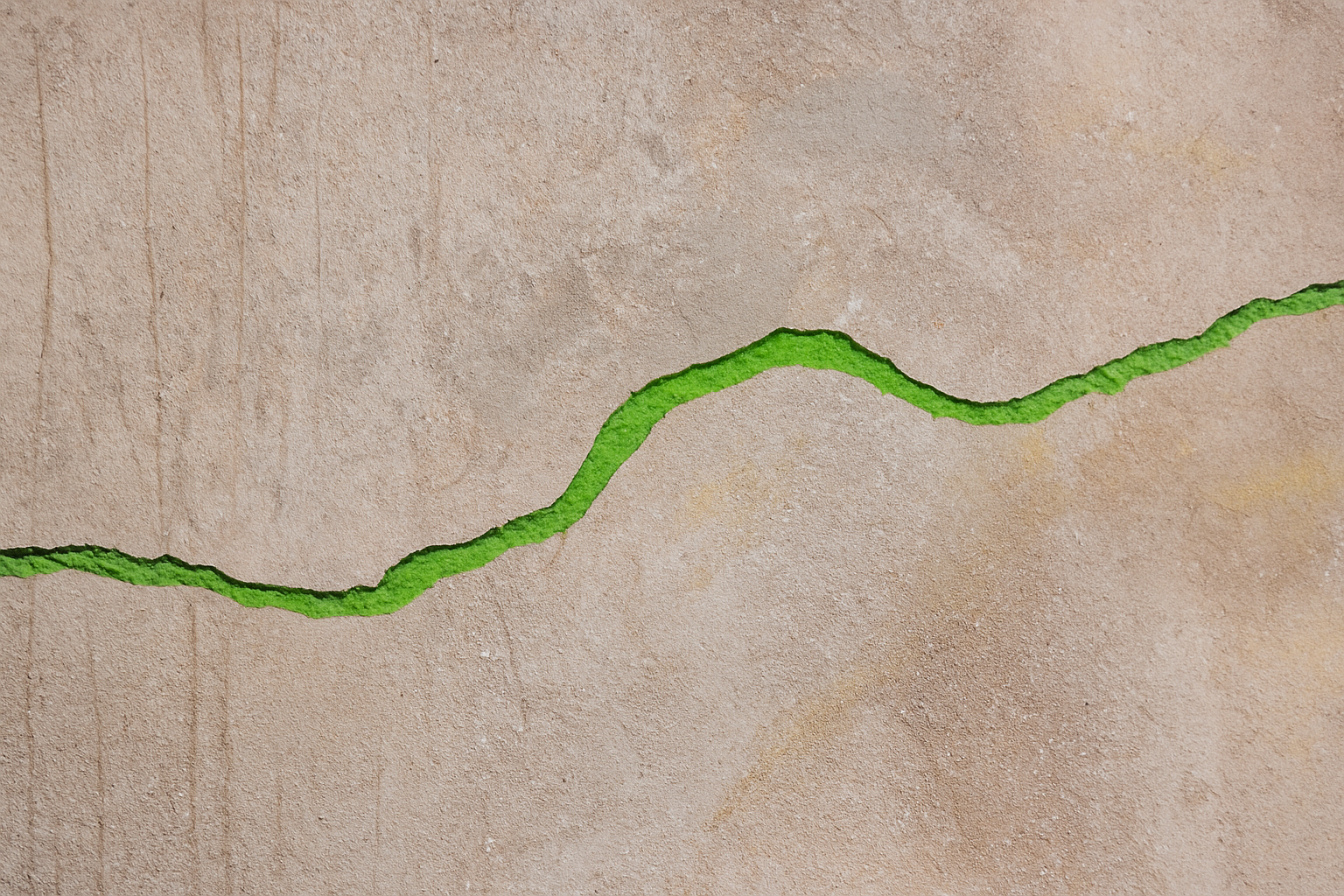 Concrete wall with a shifted crack filled with a subtle green line.