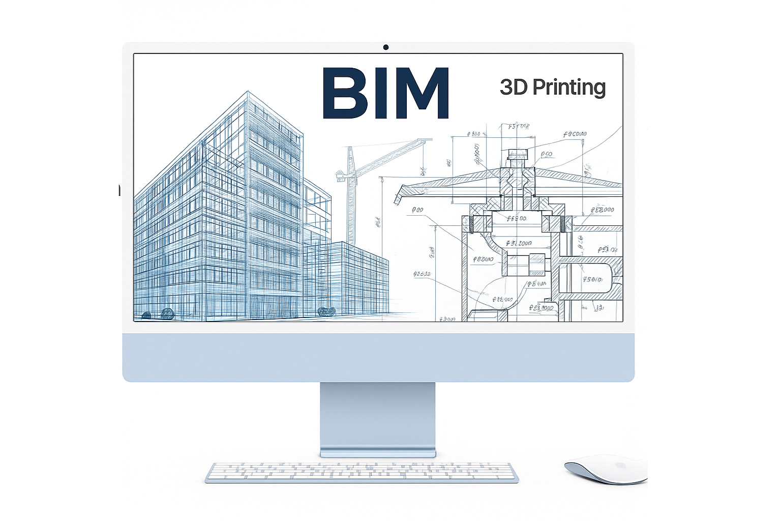 Digital building design displayed with BIM, CAD, and VR integration.