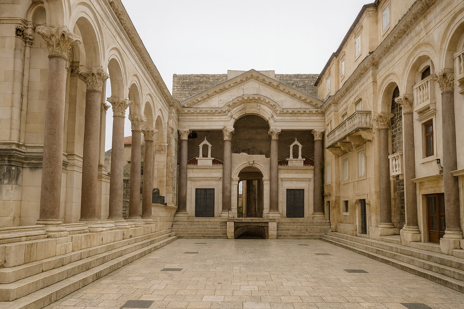Peristyle courtyard of Diocletian’s Palace in Split, Croatia, showcasing Roman columns and arches.