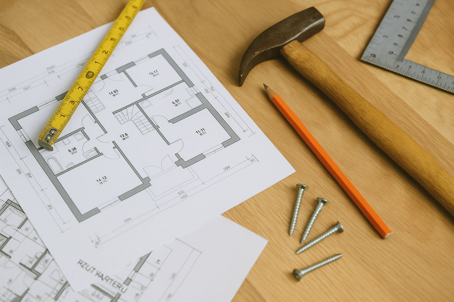 DIY architecture setup with floor plan, hammer, pencil, measuring tape, square, and screws on wooden table.