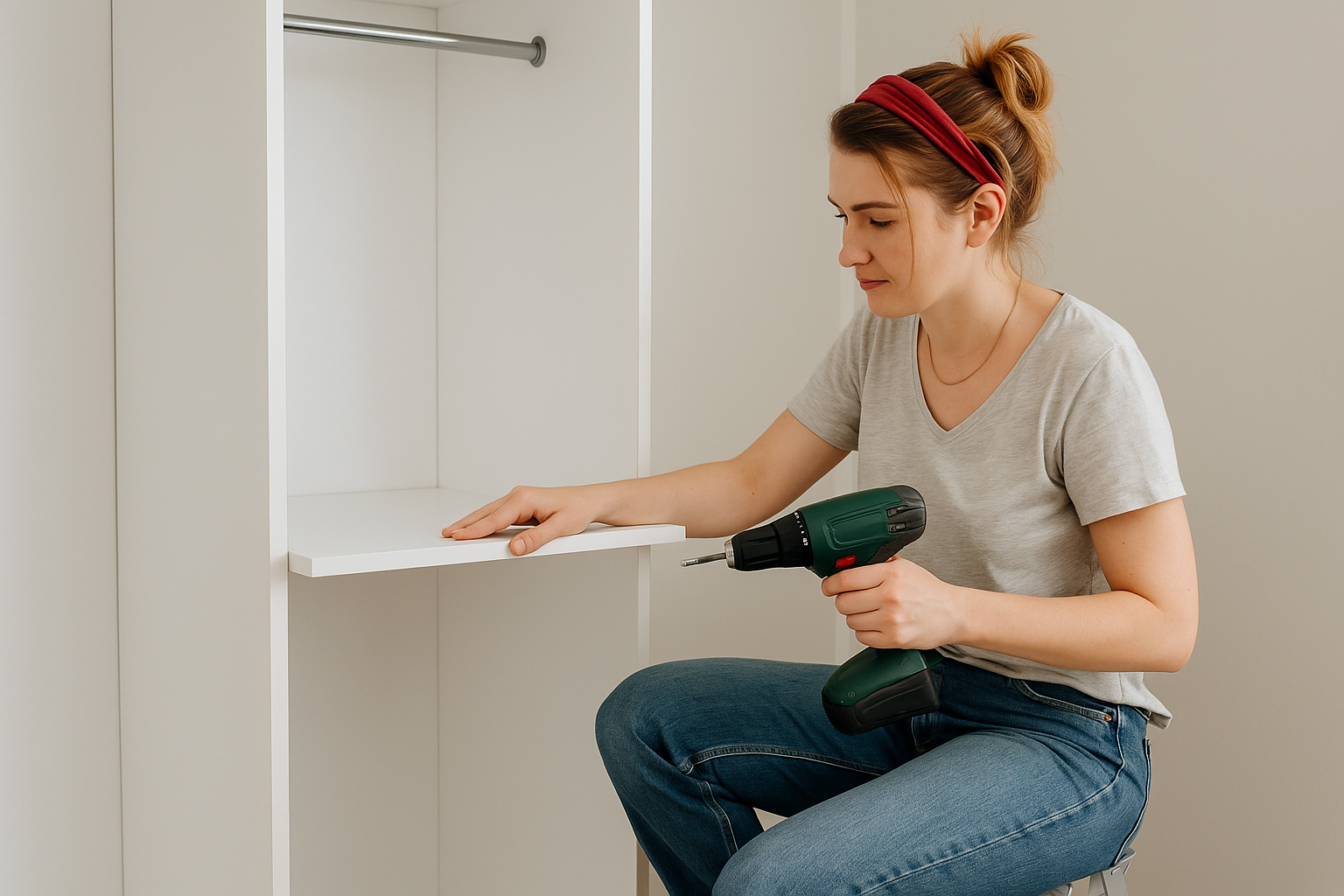 Woman assembling a white DIY closet using a drill and holding a shelf in place.