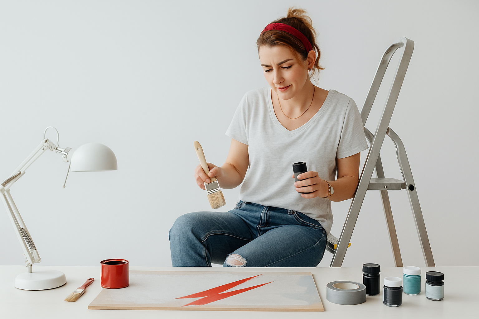A woman sits on a ladder painting and using design tools, surrounded by jars and tape, in a bright DIY home project workspace.