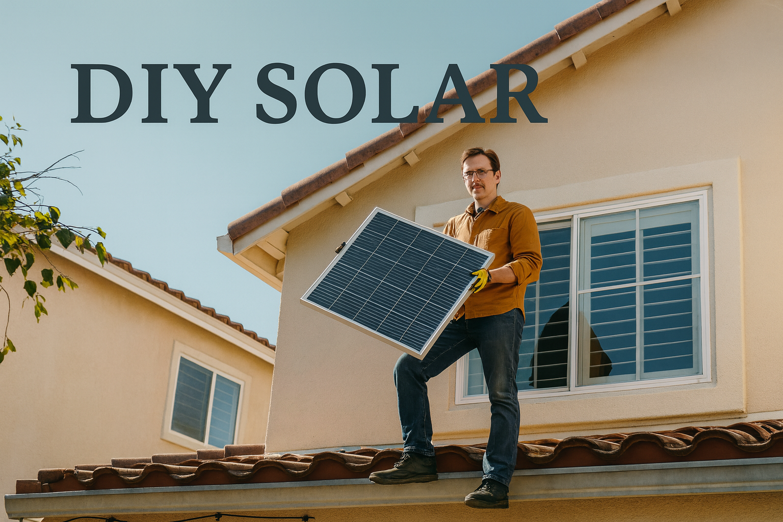 A man holding a solar panel on a roof.