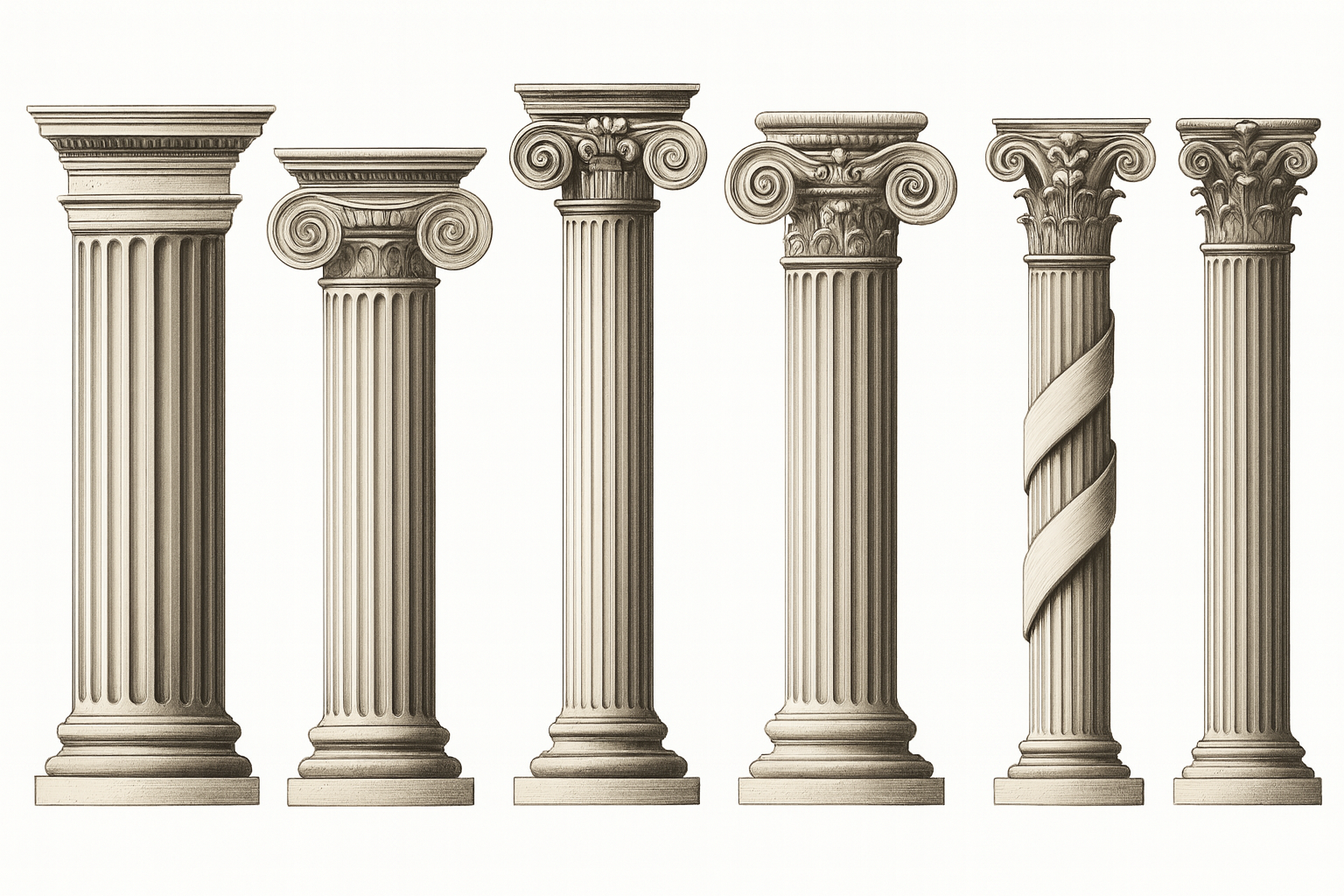 Illustration of Doric, Ionic, and Corinthian columns with decorative capitals.
