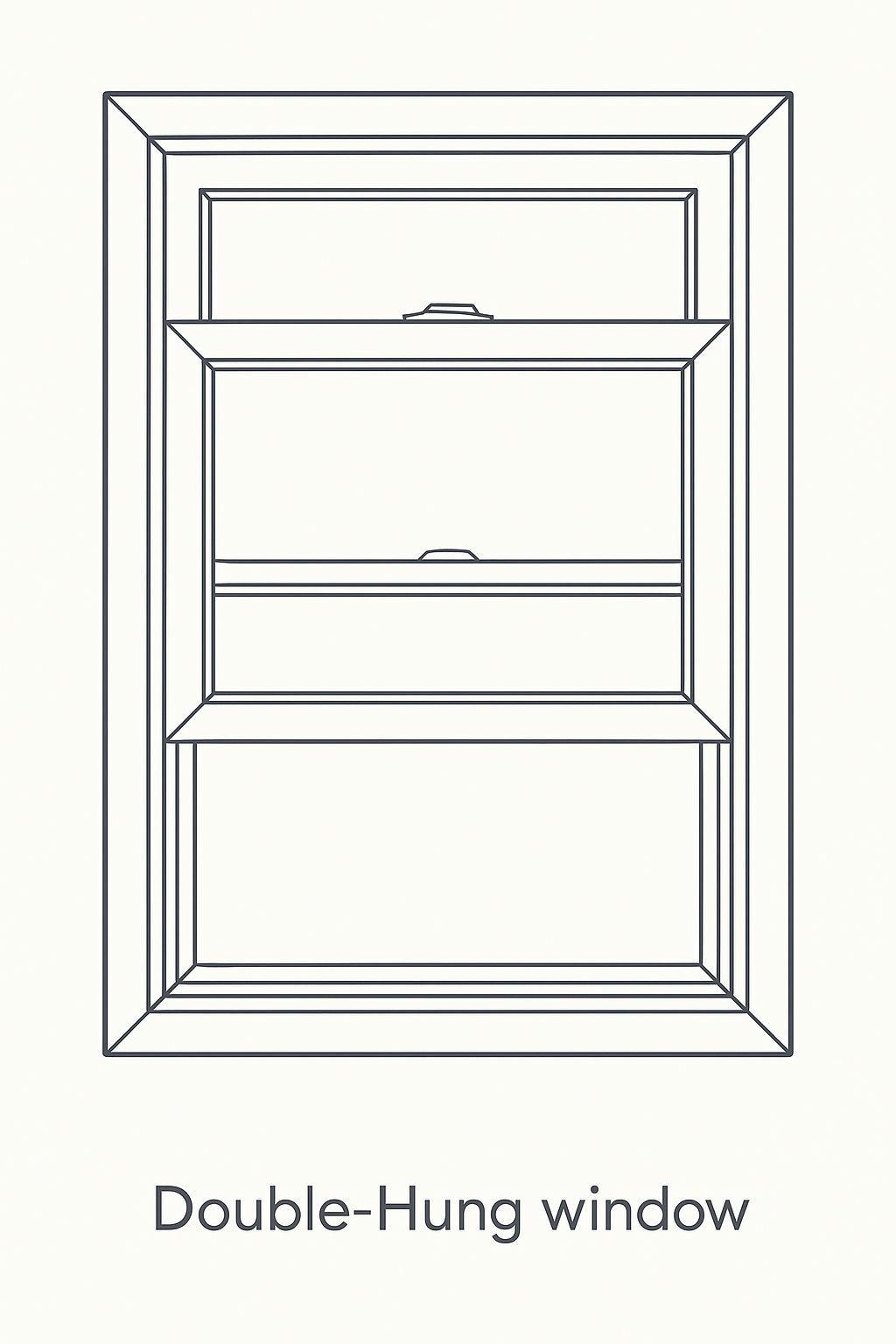 Technical sketch of a double-hung window with two movable sashes.