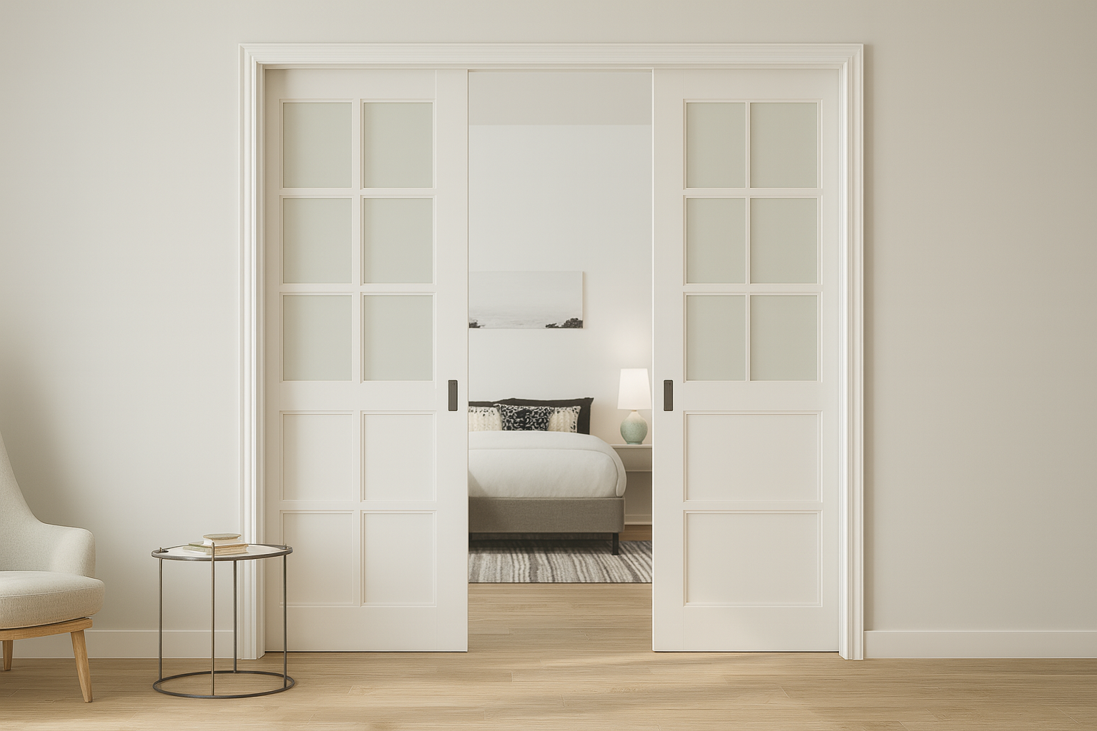 Double modern French-style hidden pocket door with wide glass panels in a contemporary bedroom interior.