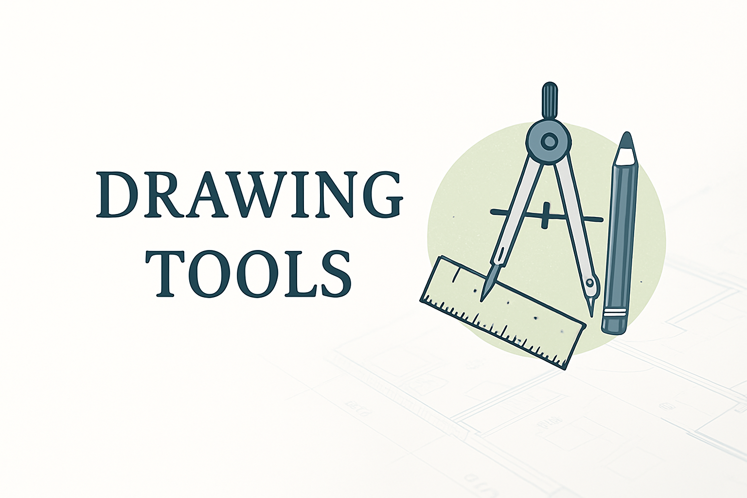 Drawing tools illustration with compass, ruler, and pencil in thin-line architectural style.
