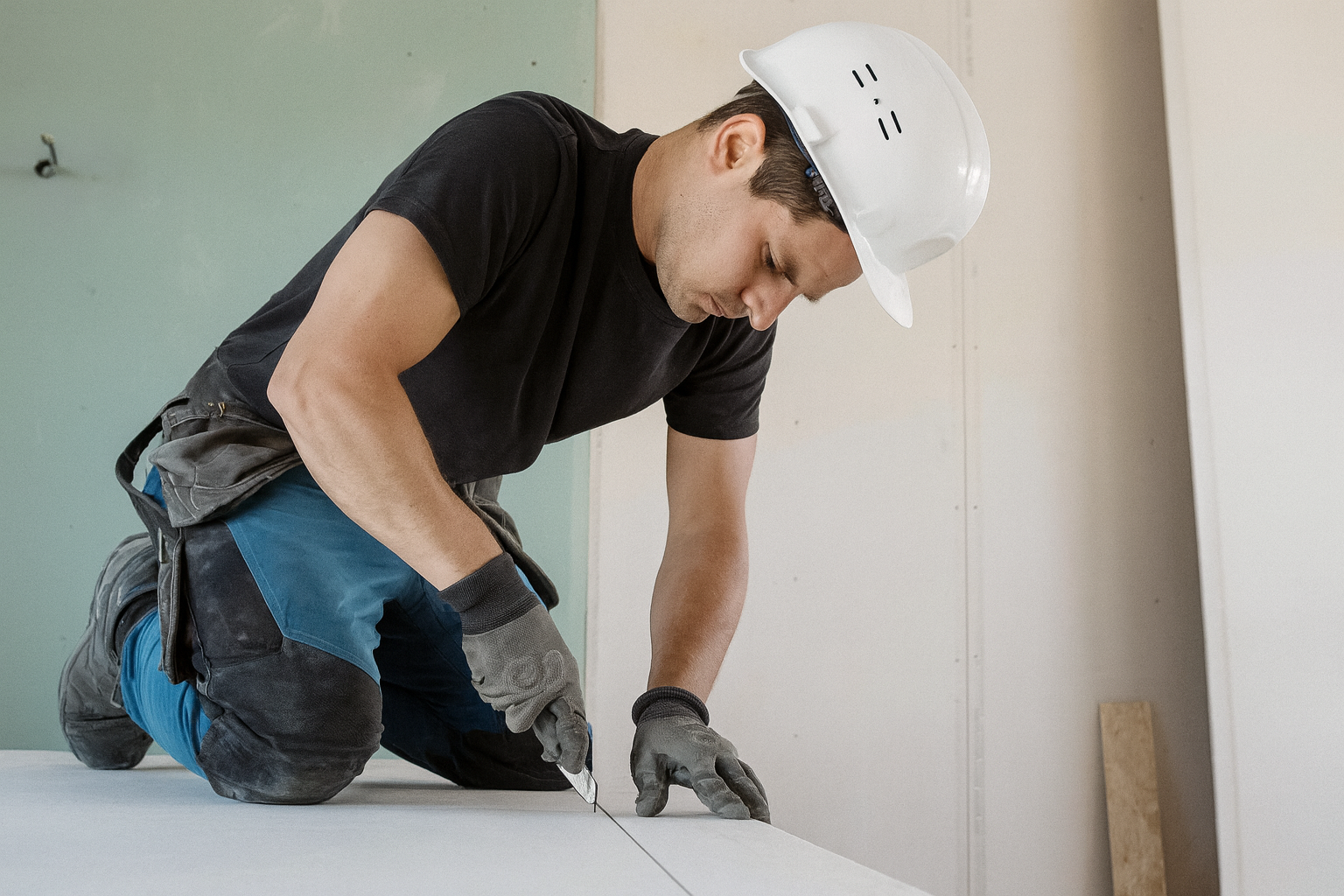 Construction worker in hard hat cutting drywall sheet with utility knife on site.