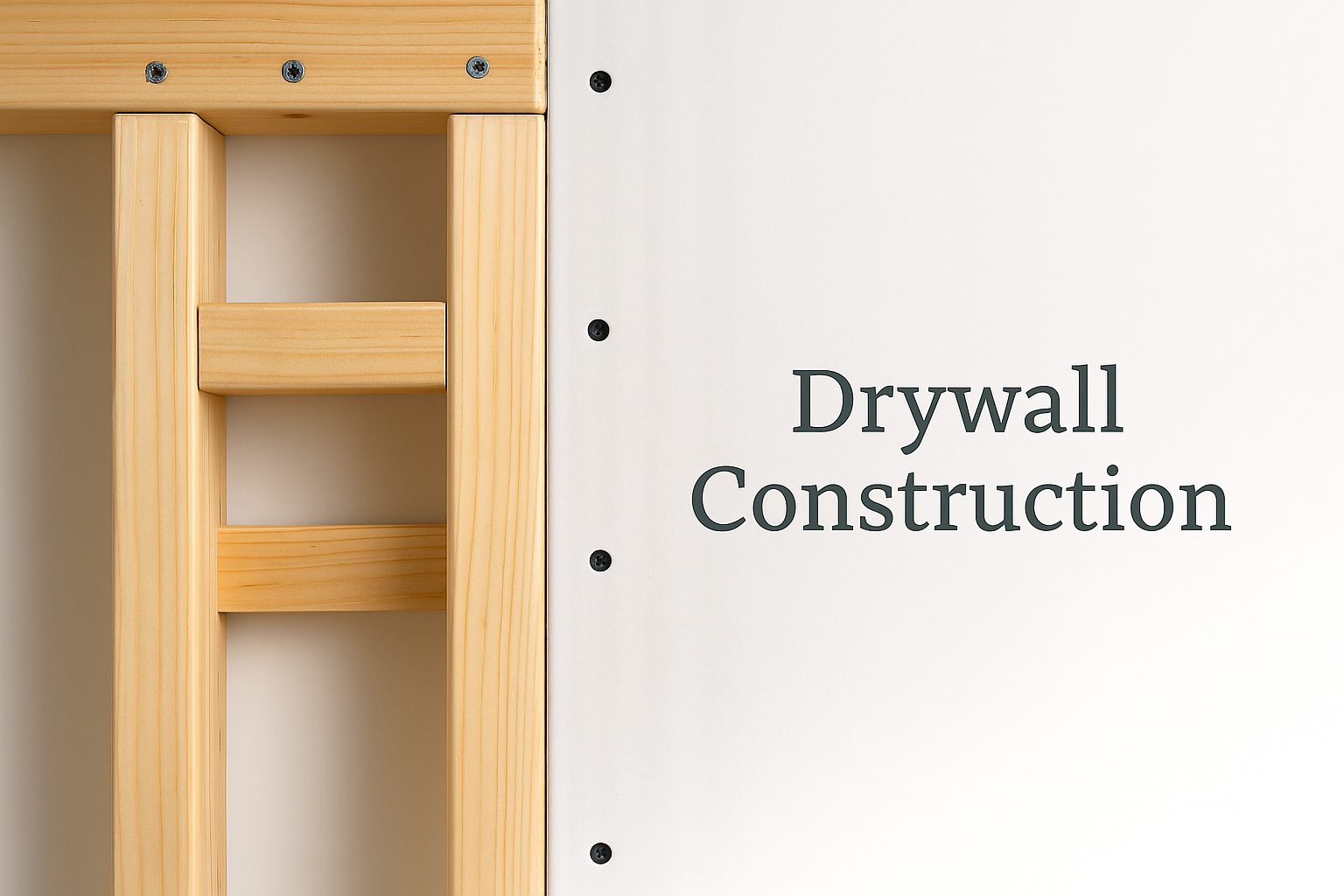 Worker installing drywall over framed wall structure.