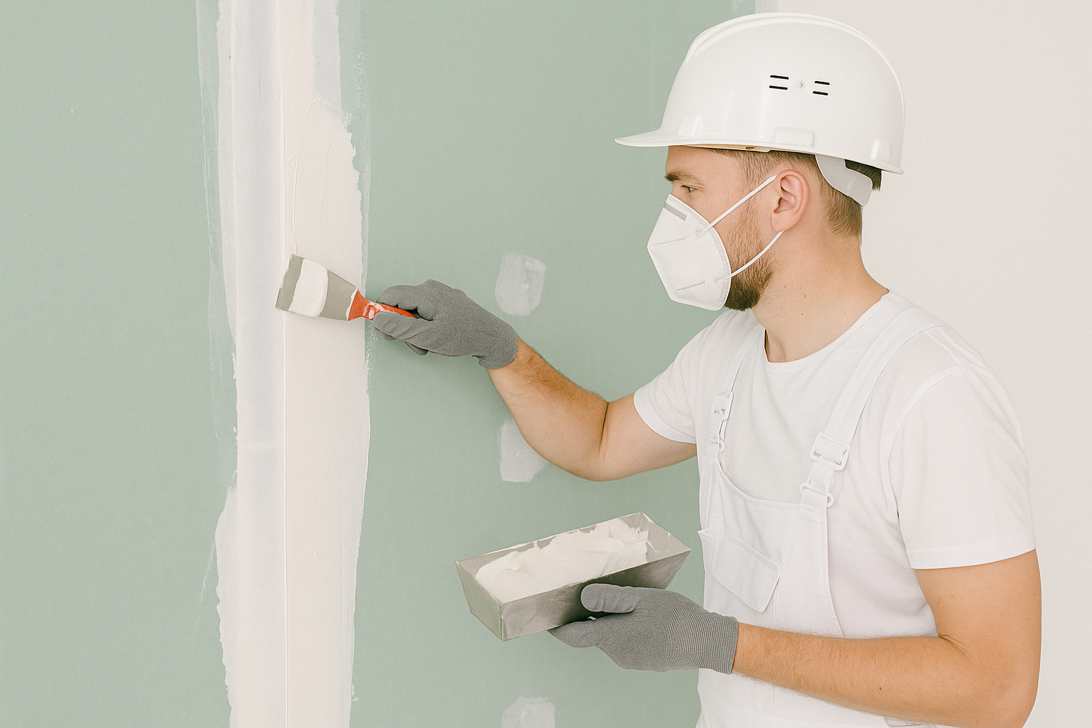 Construction worker applying joint compound to drywall seam with taping knife.
