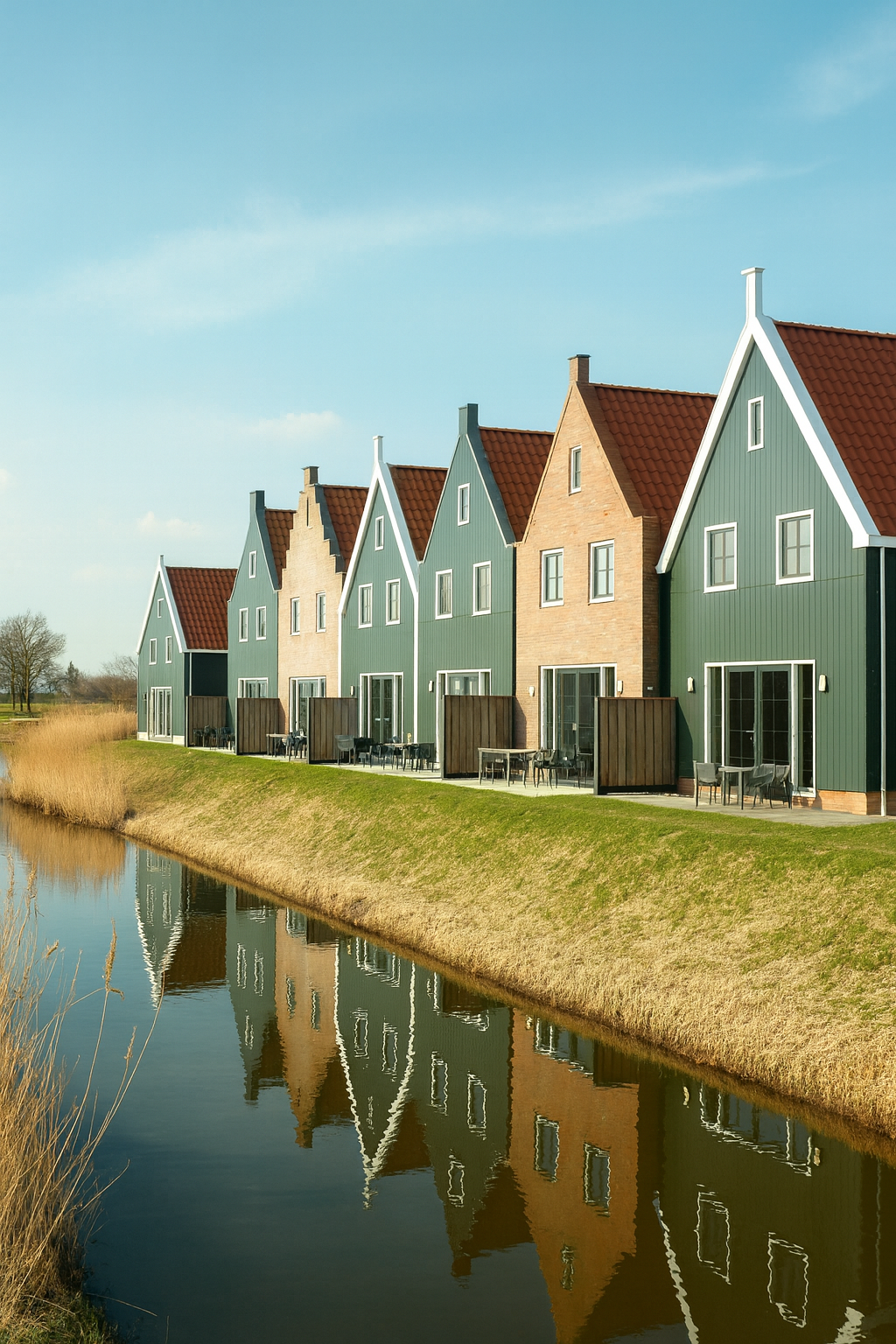 Row of traditional Dutch canal houses with red roofs and reflections in water.
