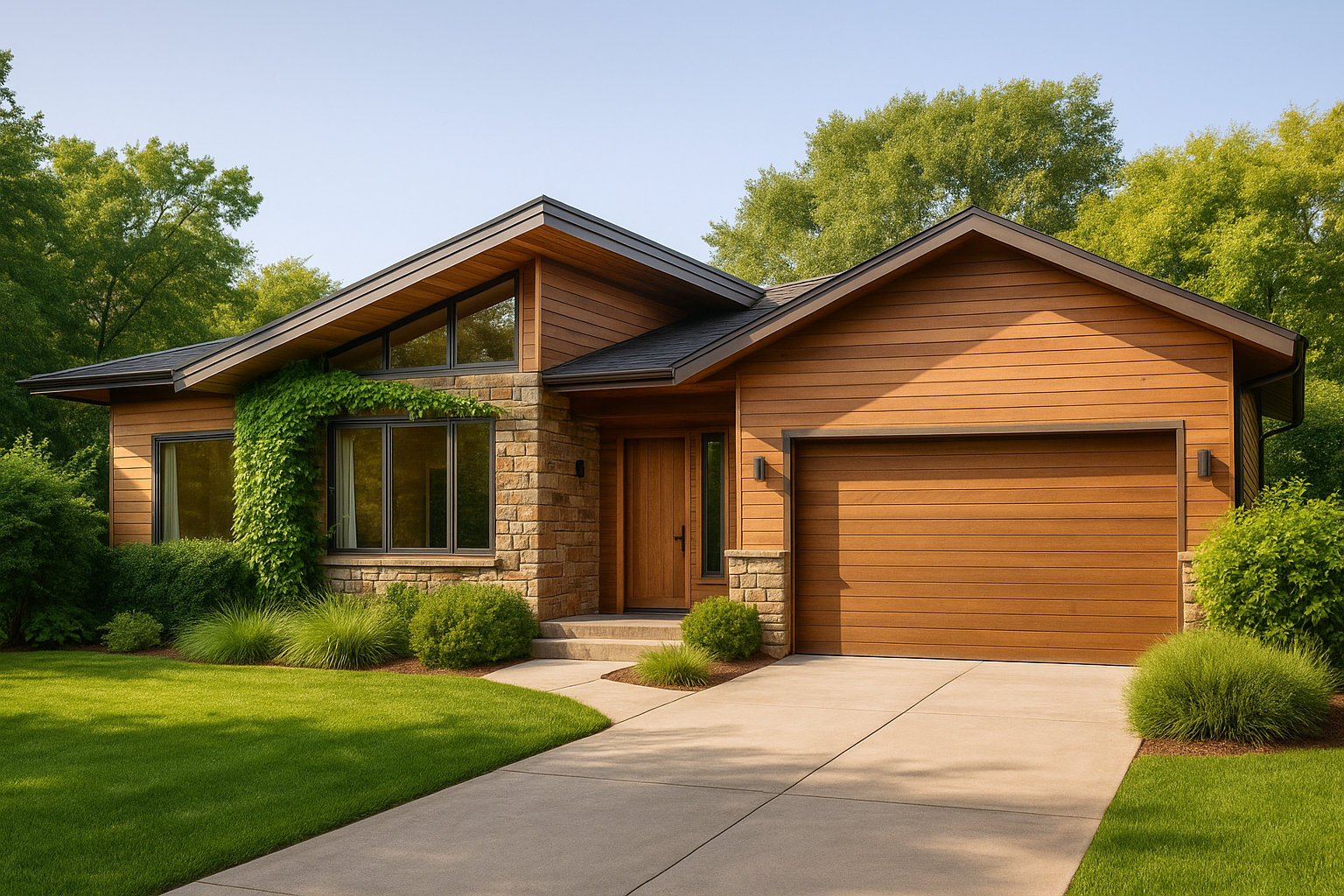 Eco-biophilic suburban home with wood and stone design, and large windows.