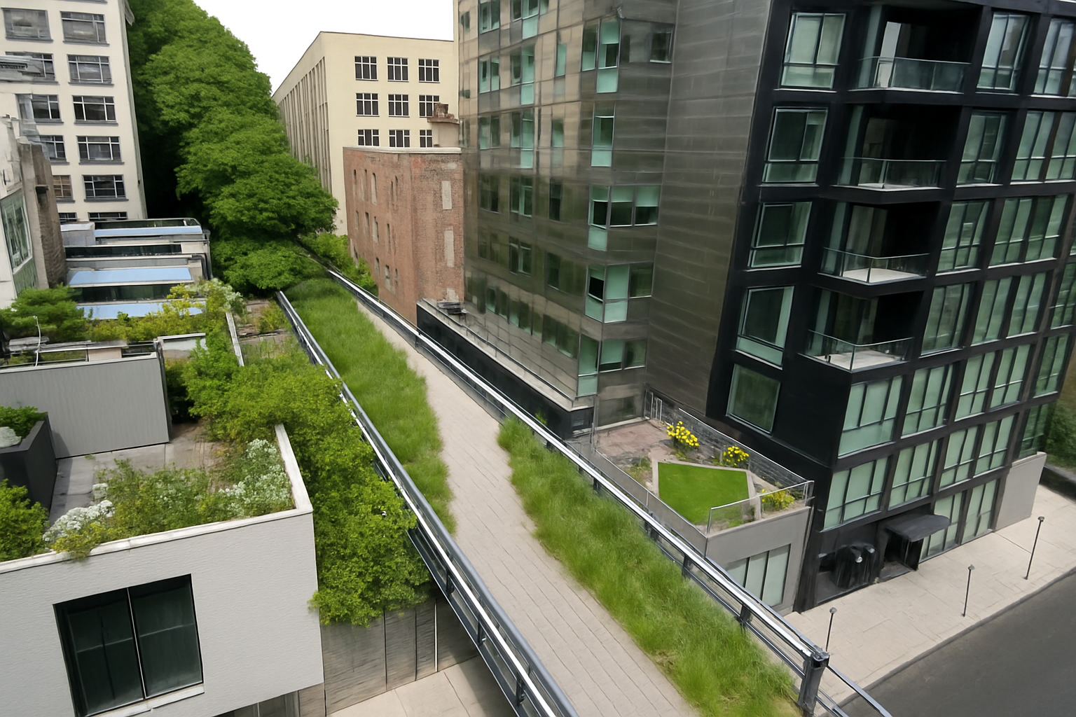Bird’s-eye view of the Highline, highlighting NYC’s green urban spaces.