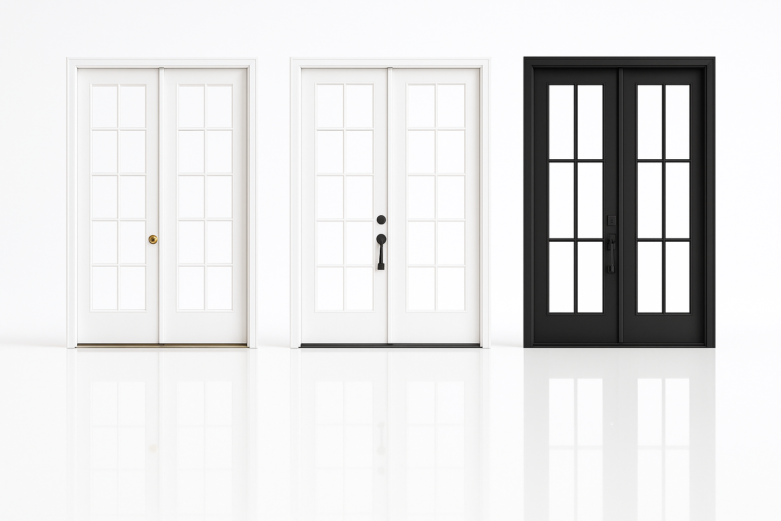 Three French doors with white and black finishes displayed.