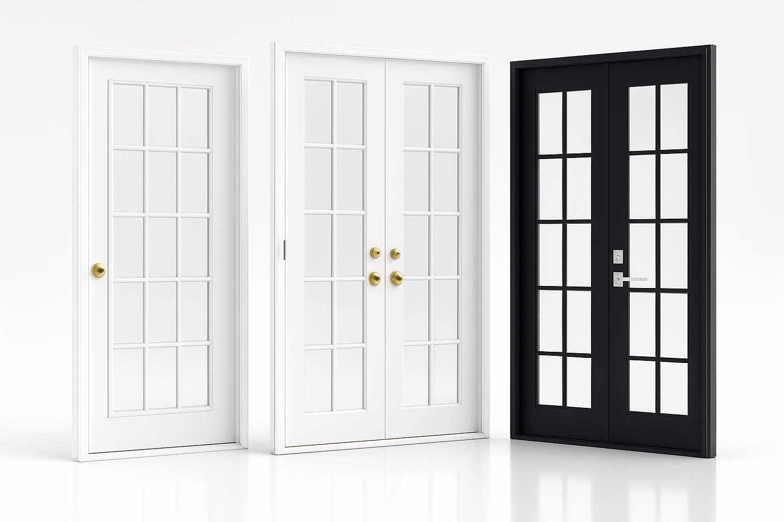 French doors in white and black styles presented side by side.