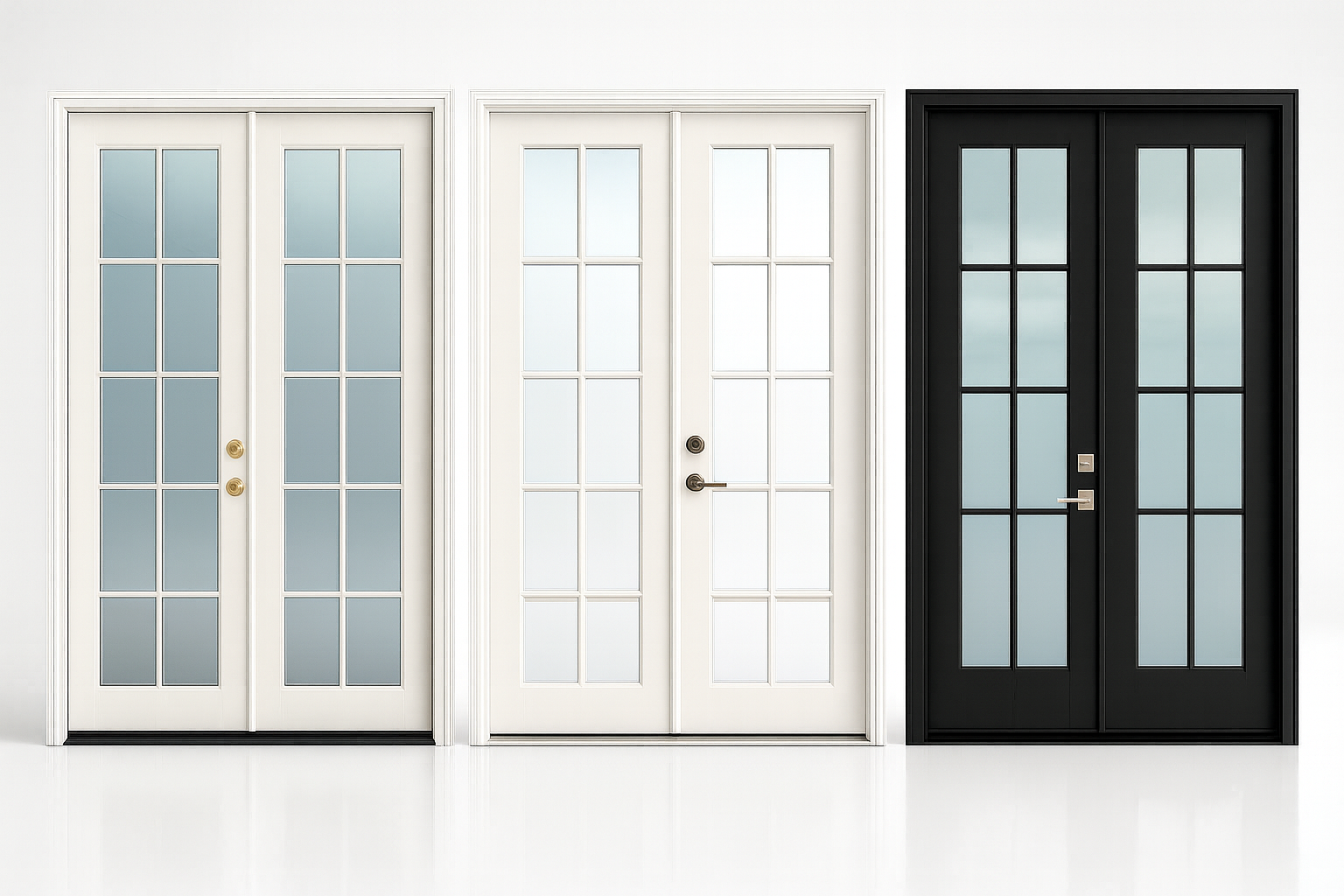 French doors in white and black designs shown side by side.
