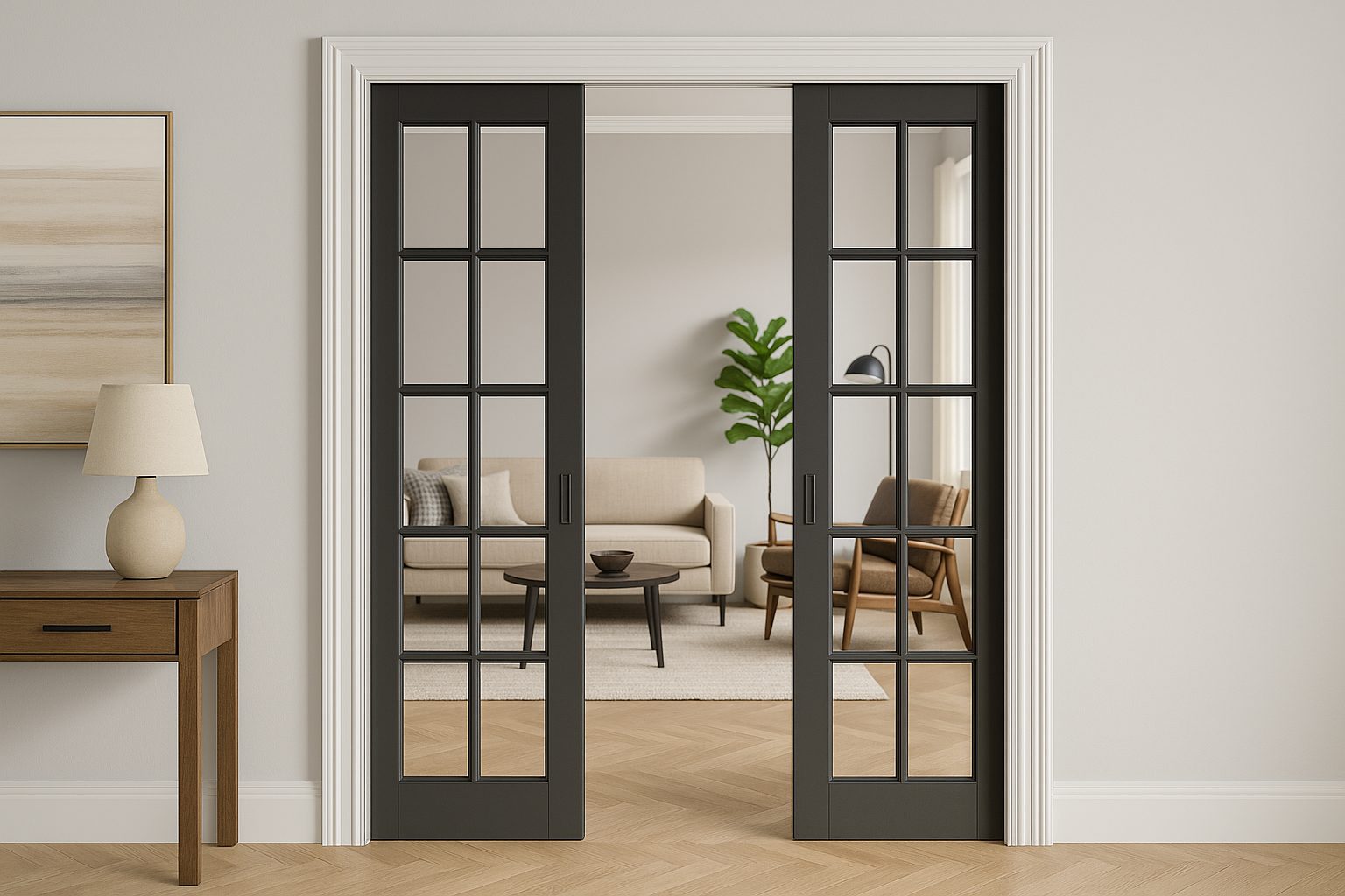 French-style black pocket doors with glass panels opening to a modern living room, featuring neutral furniture and a plant.